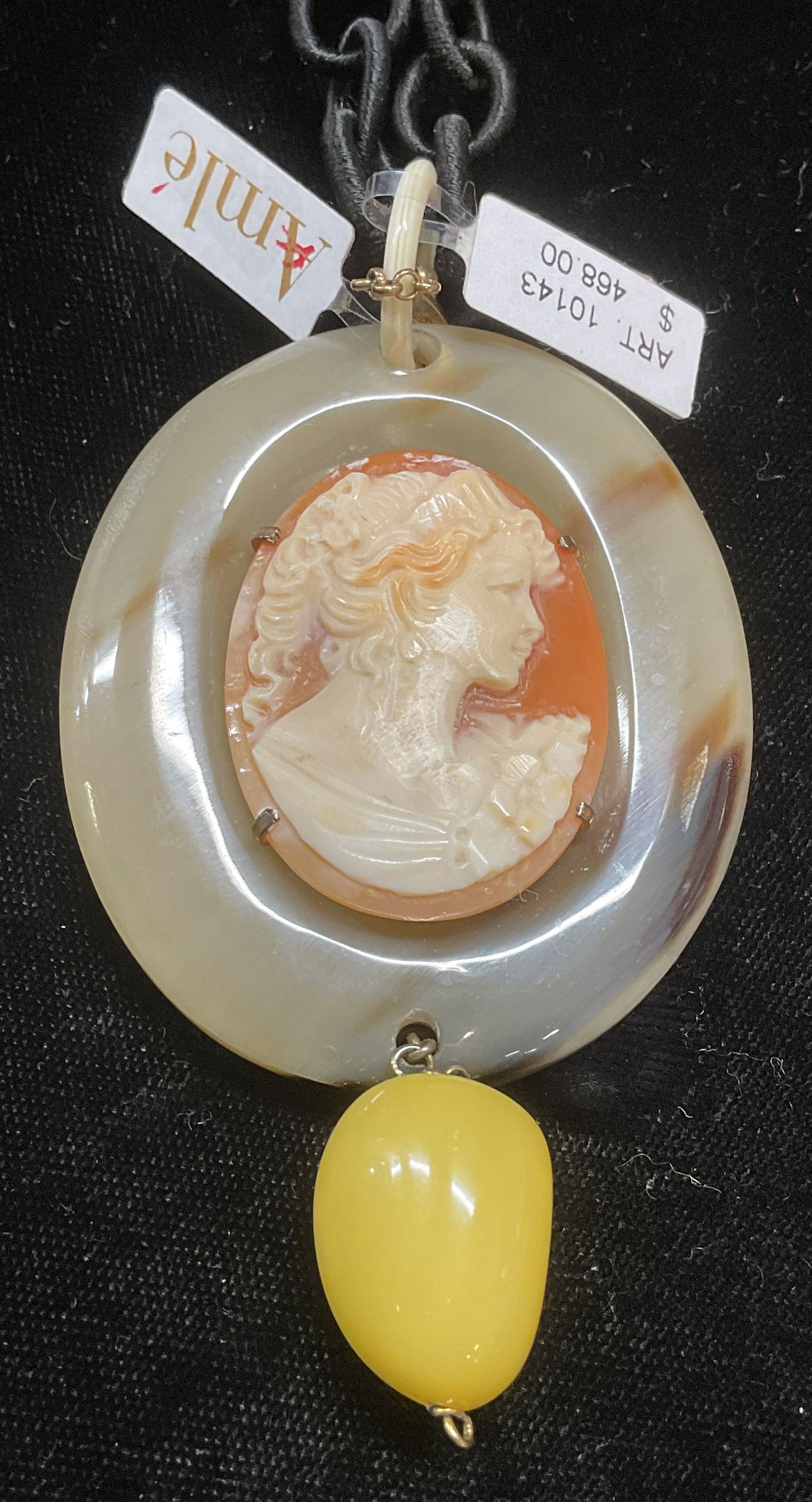 Amle Carved Cameo Lucite Pendant, Italy NWT: Amle handcrafted carved cameo pendant with lucite setting and bead. Sterling silver accents. Signed on hang tag. Marked sterling. Made in Italy. Measures approx 3.75 x 2 inches. New with tag. Includes