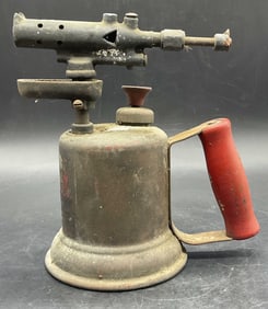 Vintage Metal Blow Torch W/ Red Wooden Handle