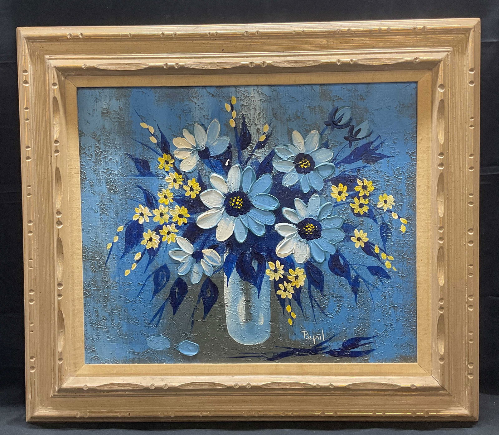 Sgn P April Still Life Blue Flowers Oil Painting (1 of 6)