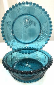 2 Teal Glass Platter & Serving Bowl W Fruit Detail