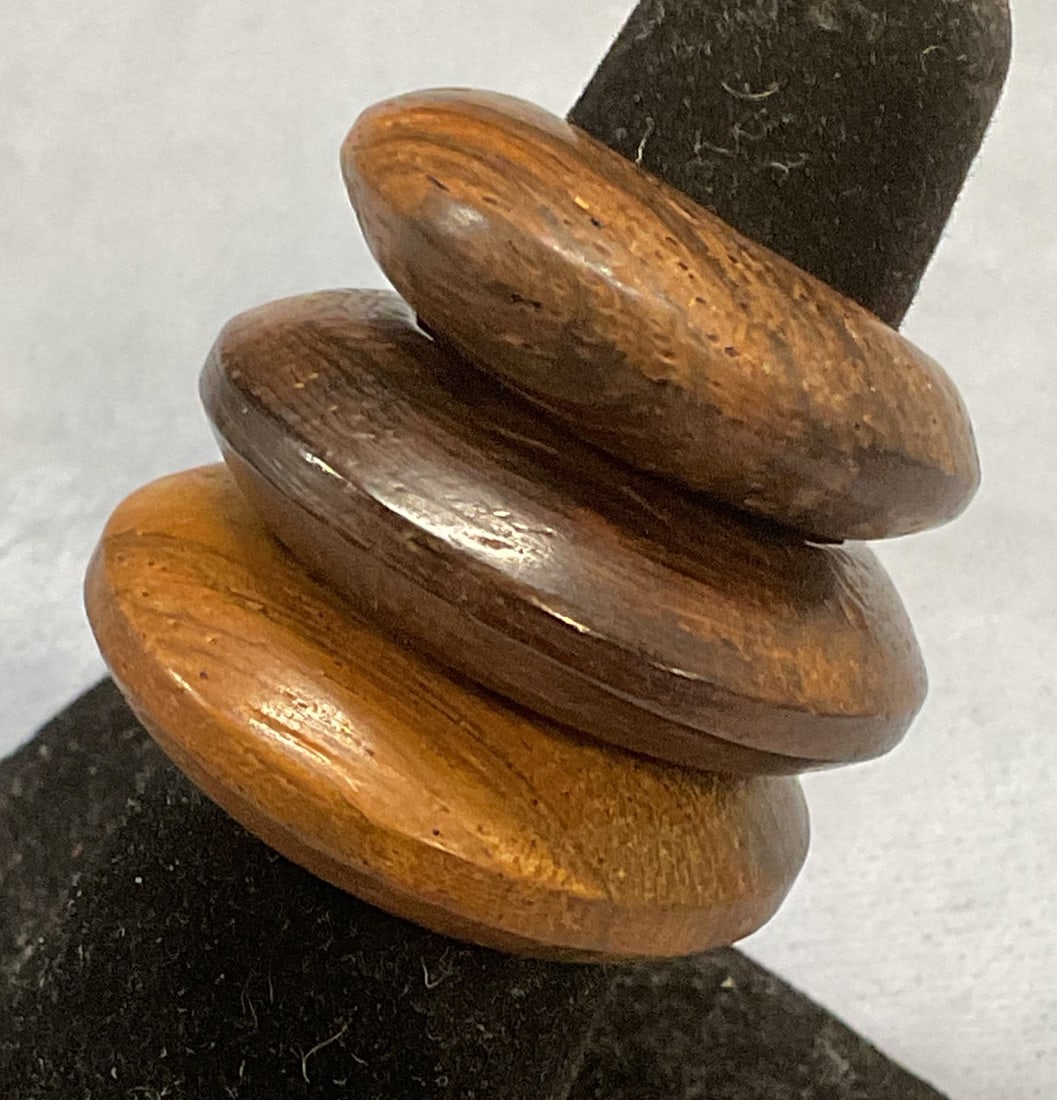 Lot 3 Carved Wood Rings: Lot of 3 carved wood rings. Largest ring size 6.75. Some wear to all including scratching observed. Jewelry, estate jewelry, costume jewelry, cocktail jewelry, fashion jewelry, accessories, fashion ac