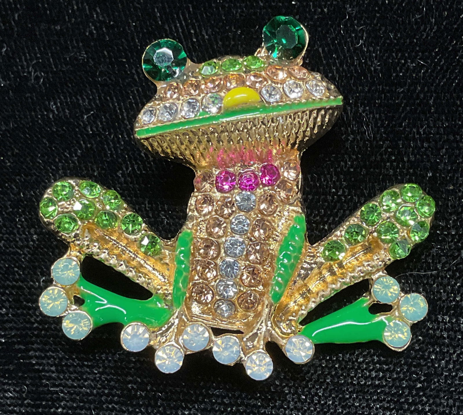Gold Tone Green Crystal Frog Brooch (1 of 6)