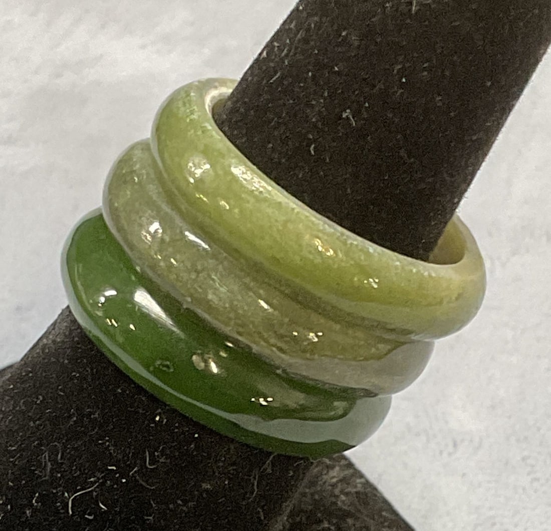 Lot 3 Carved Jade Rings: Lot of 3 carved jade rings. Largest ring size 7. Some wear to all including scratching observed. Jewelry, estate jewelry, fine jewelry, cocktail jewelry, fashion jewelry, accessories, fashion accessor