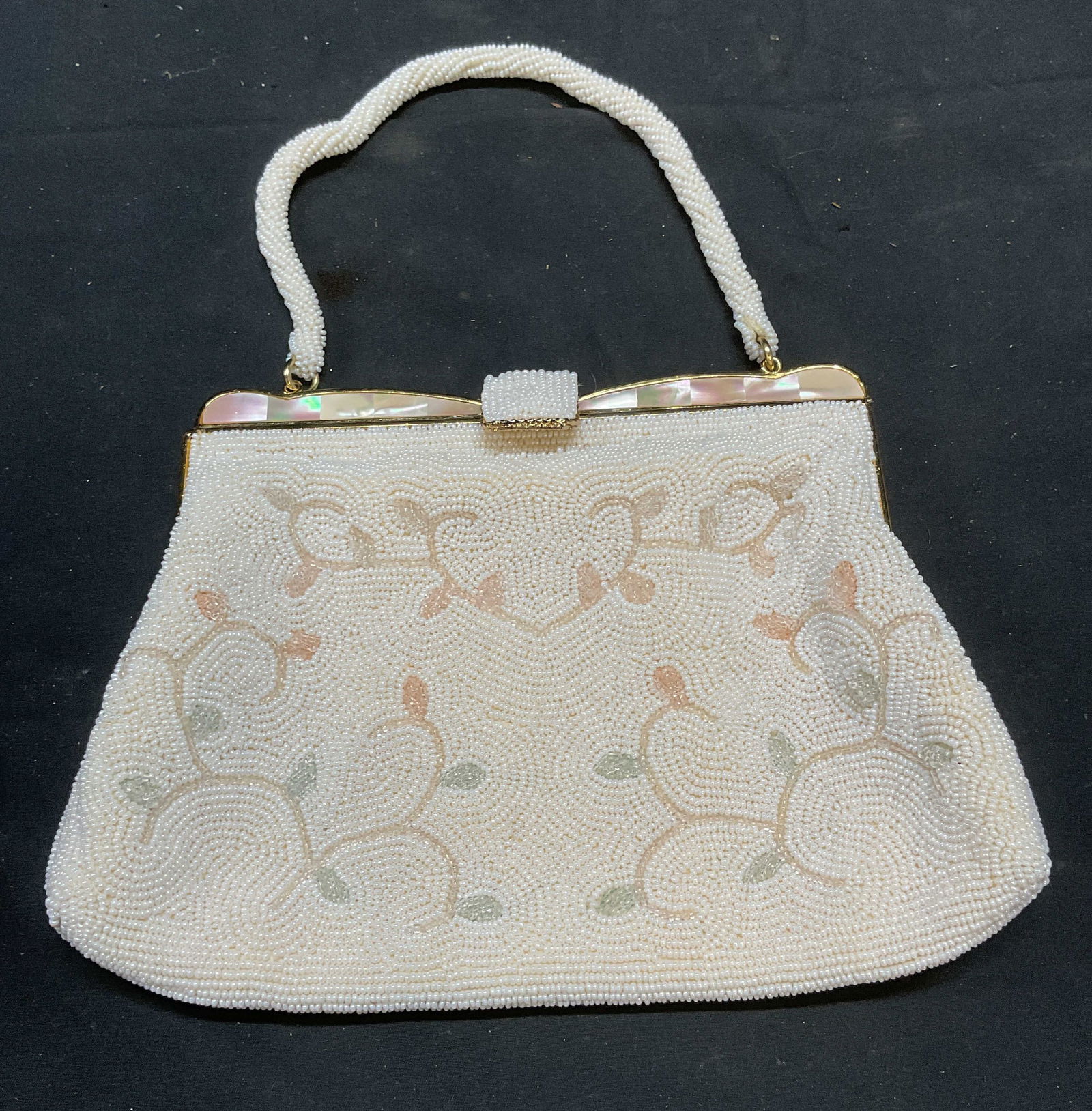 Vtg White Beaded Mother of Pearl Inlay Handbag (1 of 6)