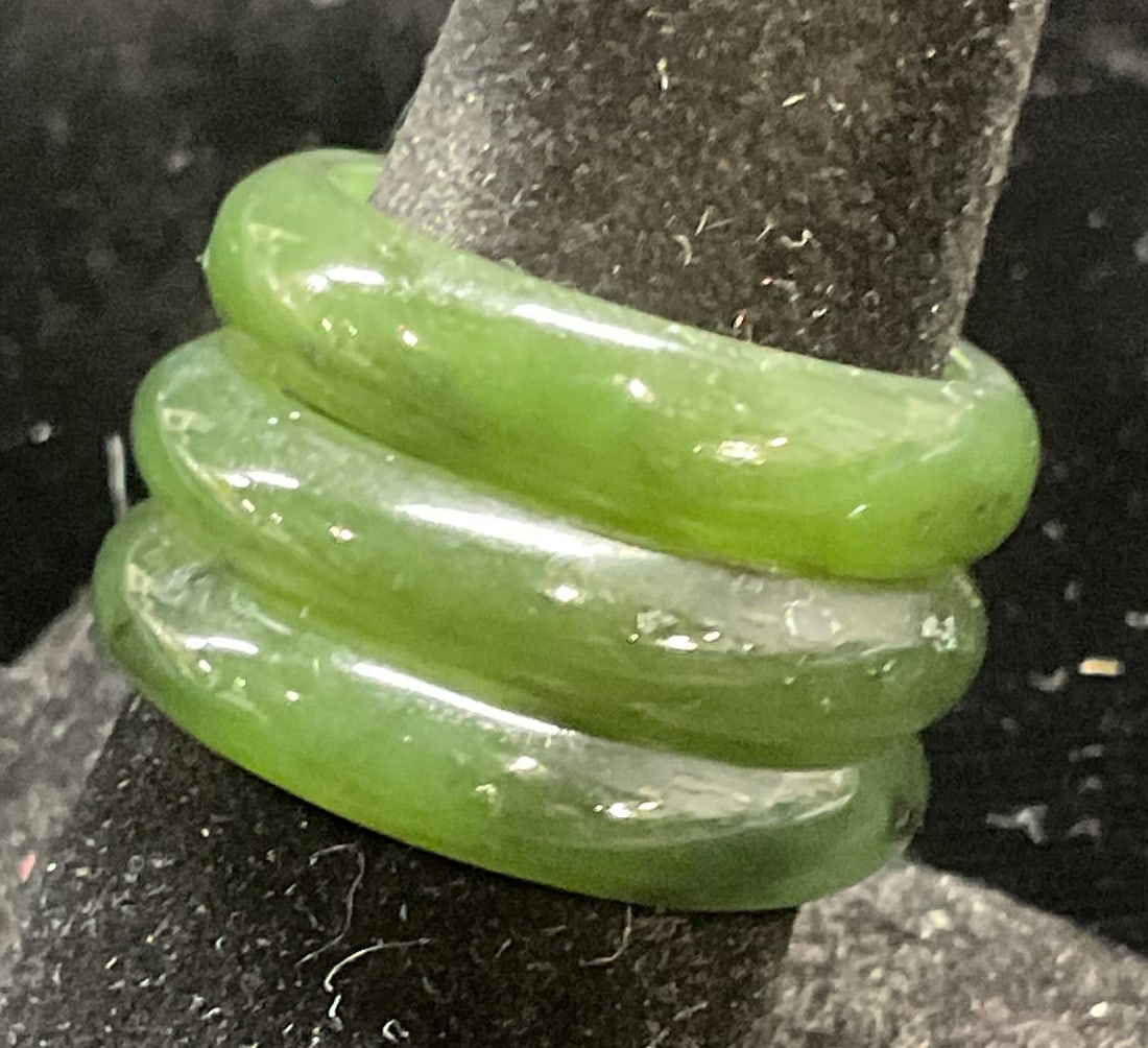 Lot 3 Carved Jade Rings: Lot of 3 carved jade rings. Largest ring size 8. Some wear to all including scratching and small chips observed. Jewelry, estate jewelry, fine jewelry, cocktail jewelry, fashion jewelry, accessories,