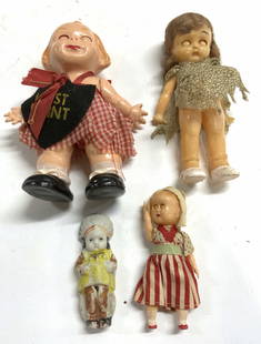 Lot 4 Vintage Assorted Plastic & Porcelain Dolls: Lot includes 3 plastic dolls & 1 porcelain figure. Each piece in lot is vintage. Porcelain piece depicts a Native American figure. Largest doll measures approximately 6 inches tall 4.5 inches wide. Do
