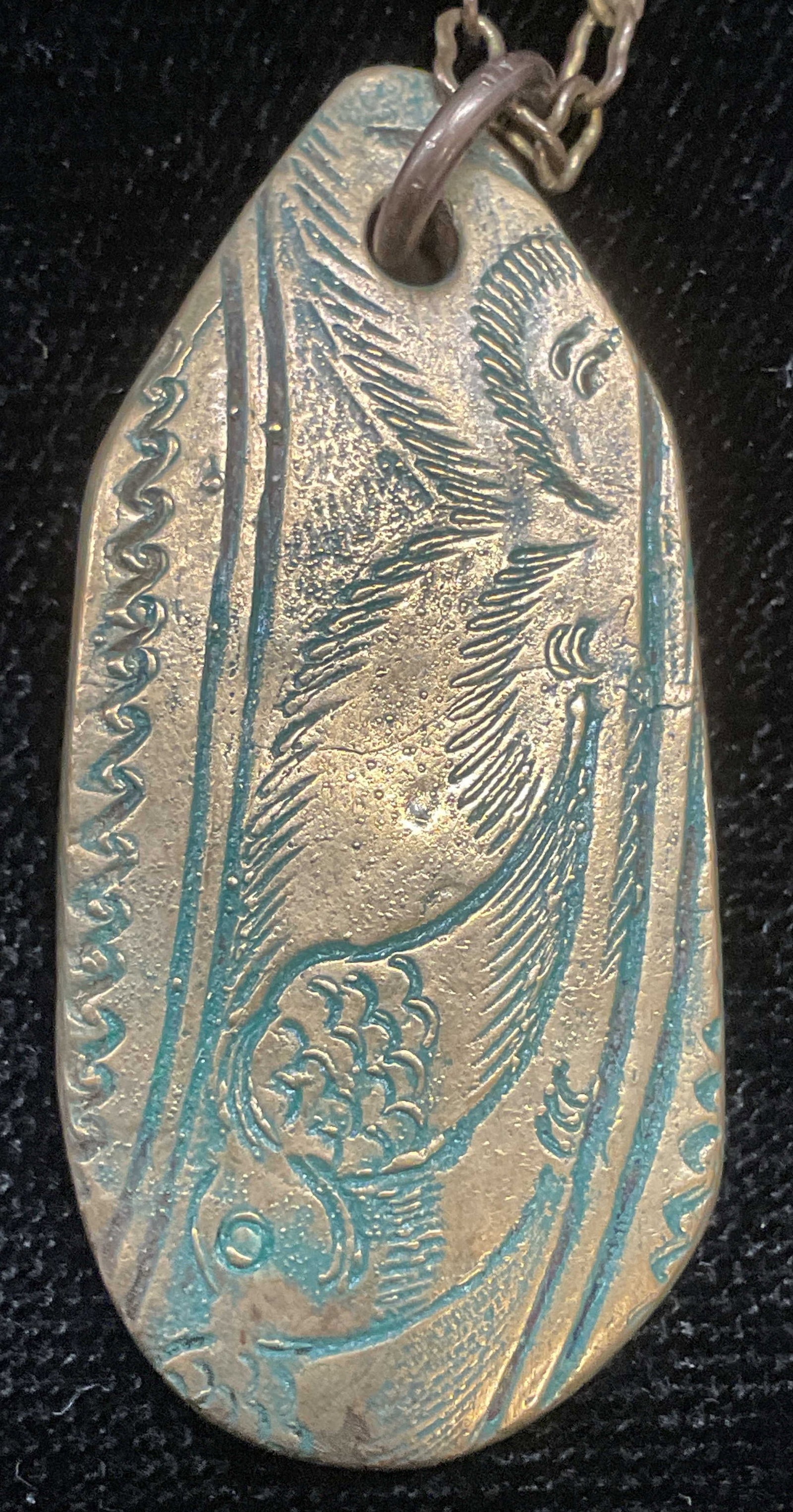 AFW Gold Tone Etched Pendant Necklace: AFW gold tone etched pendant necklace. Signed on pendant. Drop length approx 11 inches. Some wear including scratching observed. Jewelry, estate jewelry, costume jewelry, cocktail jewelry, fashion jew