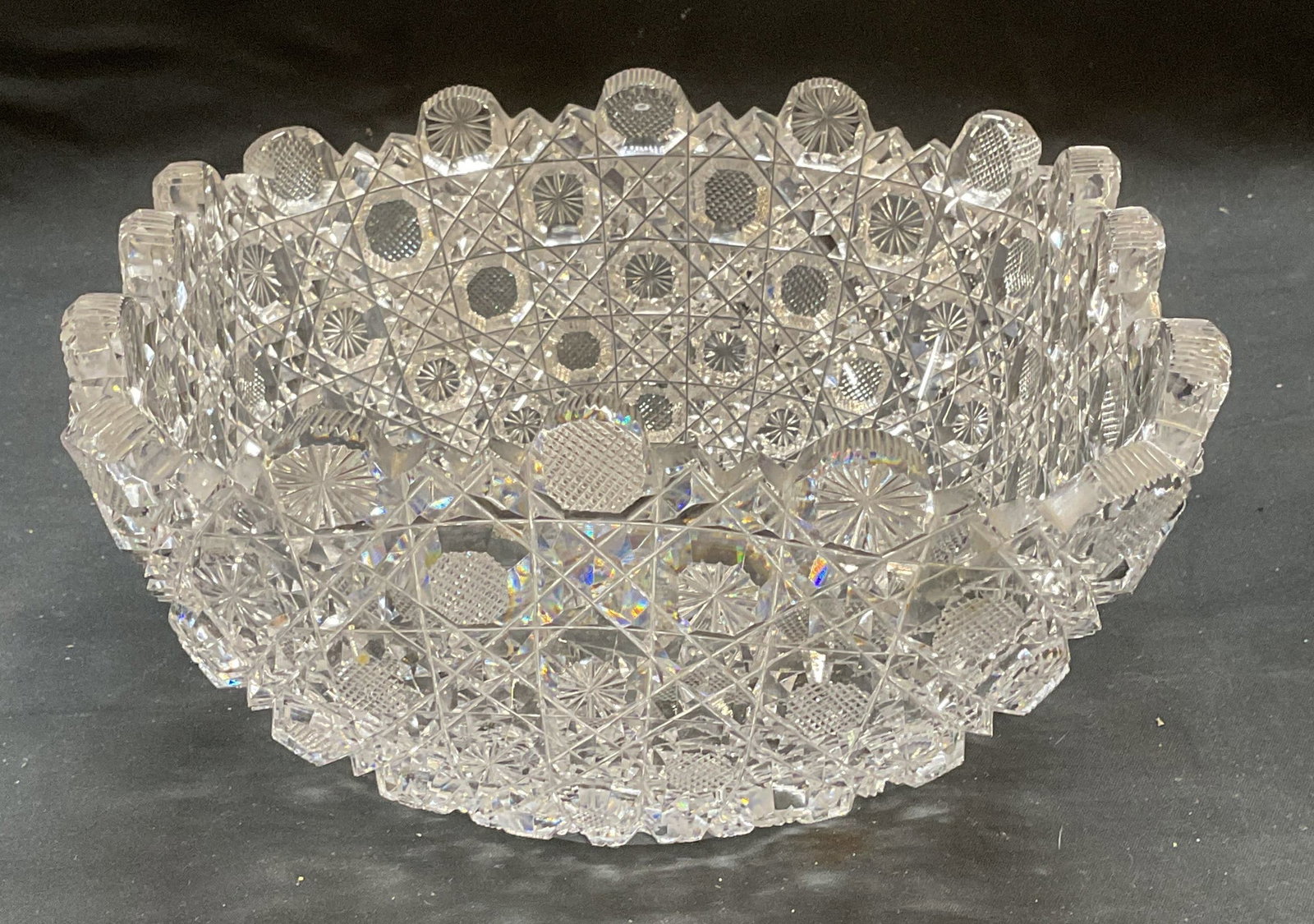 Antq ABP Hand Cut Glass Square Bowl: Antique American Brilliant Period hand cut glass bowl. Square shape with hobstar, trellis, and crosshatch pattern. Measures approx 7.5 x 7 x 4 inches. Some wear including scratching and small chips ob