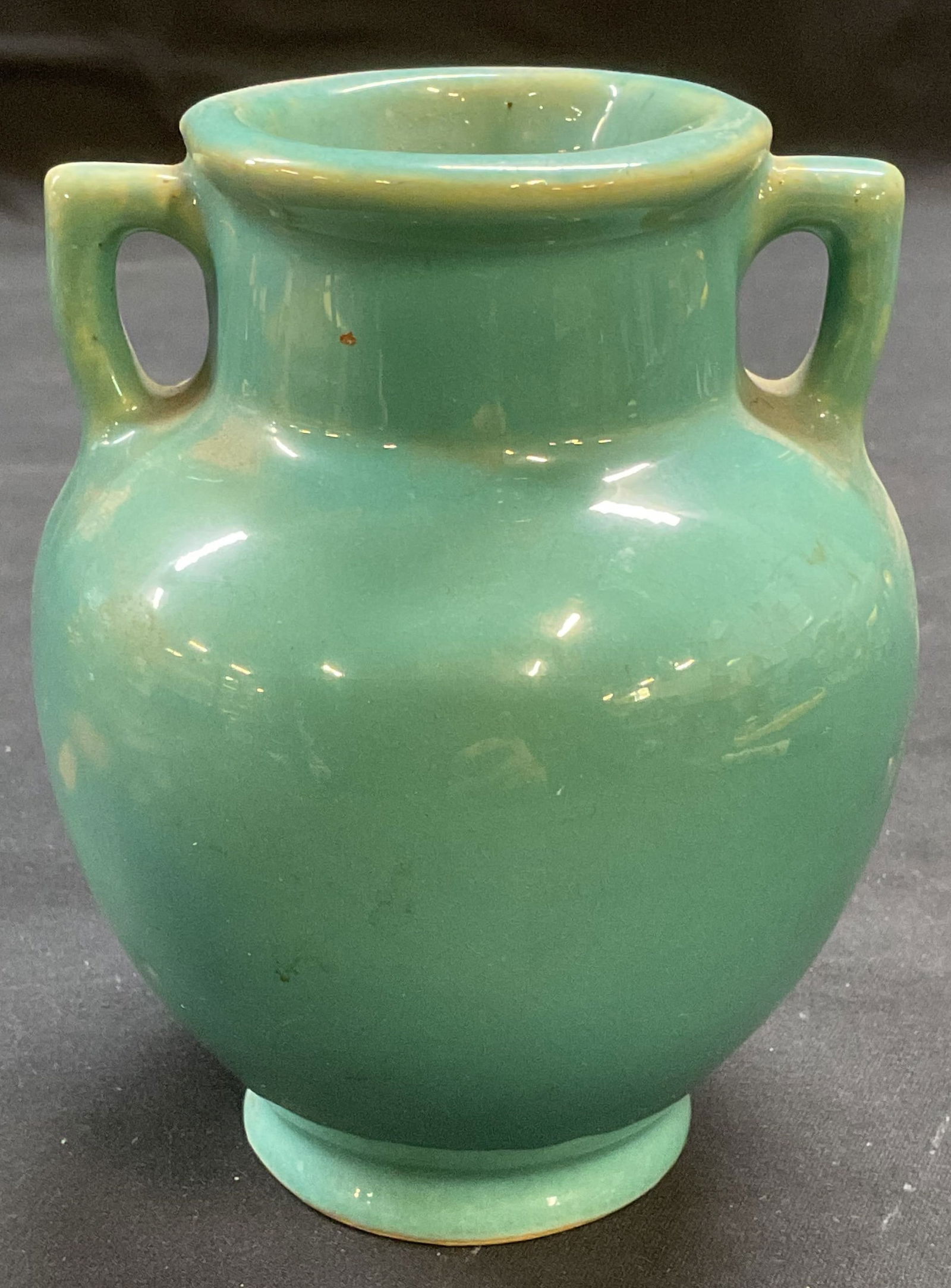Vintage Turquoise Blue Ceramic Urn Vase: Vintage turquoise blue glazed ceramic urn vase. Measures approx 3.5 x 4.5 inches. Some wear including scratching observed. Vase, blue vase, turquoise vase, ceramic vase, urn vase, vintage vase, decora