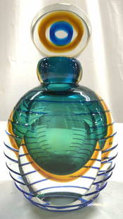 FIFTH AVENUE CRYSTAL Art Glass Decanter W Stopper: Underside has tag which reads FIFTH AVENUE CRYSTAL LTD. Decanter is glass with thick walls. Piece has blue toned horizontal stripe detail. Decanter includes stopper. Piece also has turquoise and amber