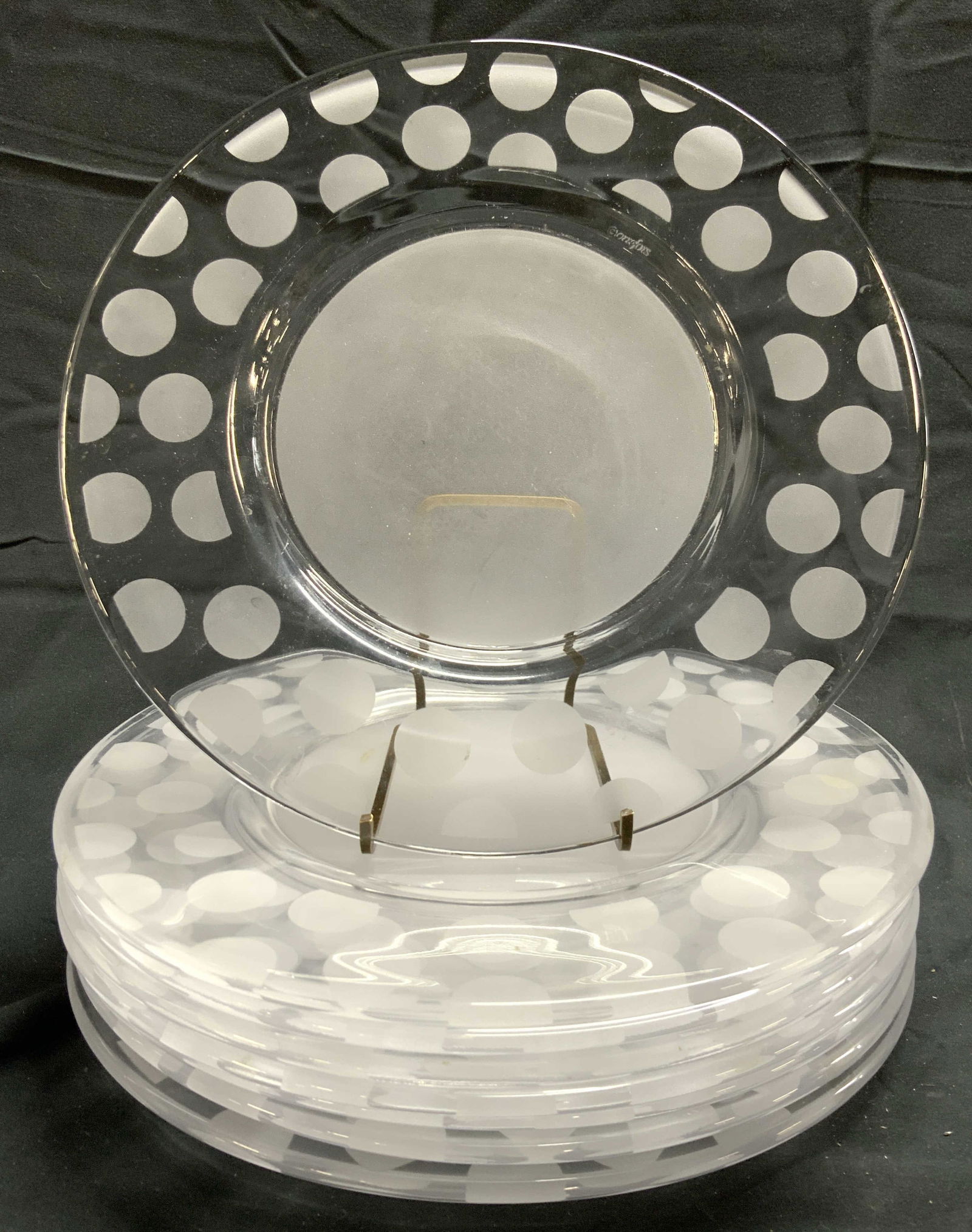 ORREFORS 8 Frosted Art Gls Plates W Polka Dots: Each plate is trademarked OREEFORS Lot includes 8 plates. Each are glass. Plates each have frosted Polka dot detail around edges. Center of each plate is frosted. Plates measure approximately 10 inche