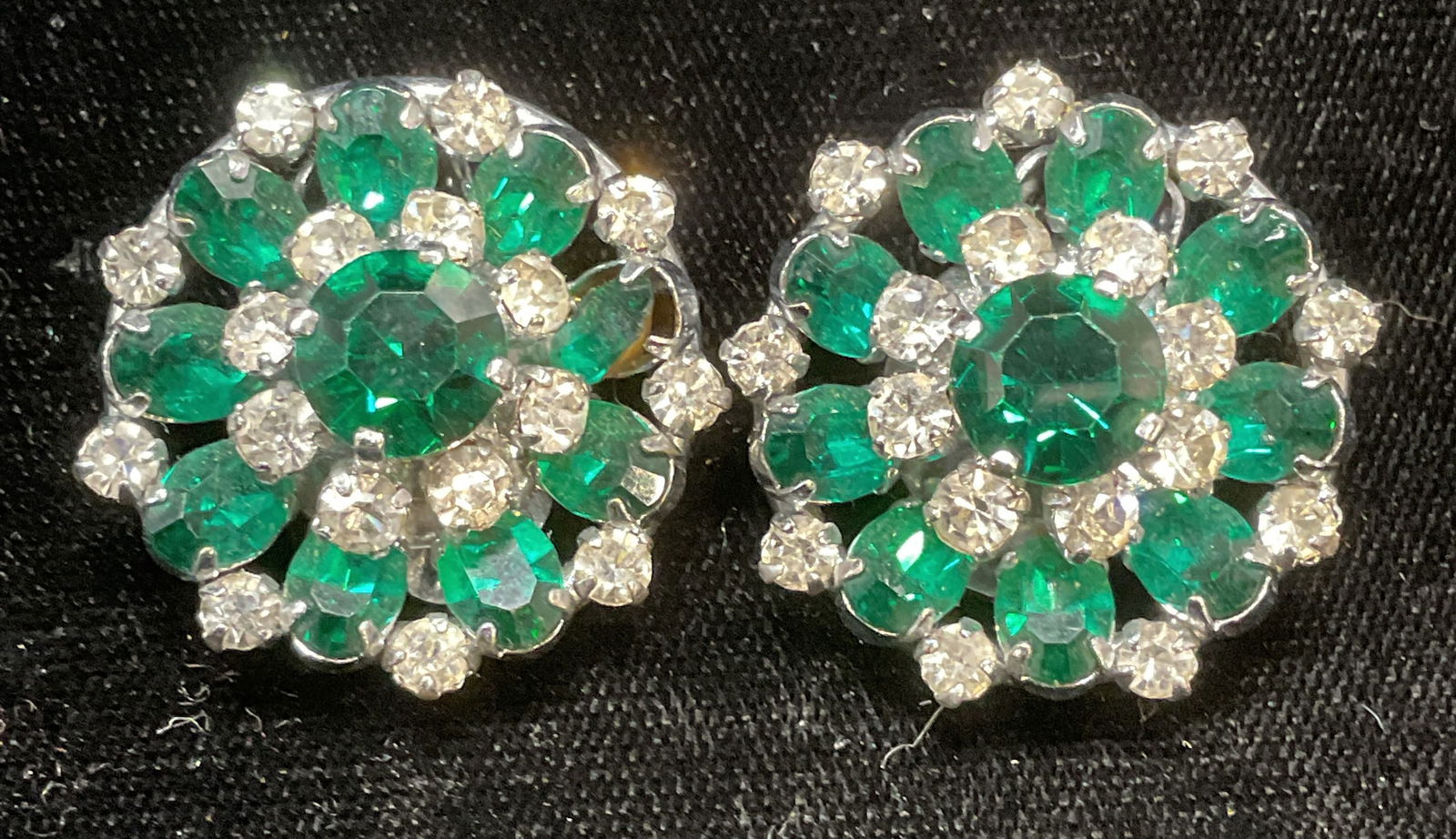 Vtg Silver Tn Green & Colorless Crystal Earrings (1 of 6)