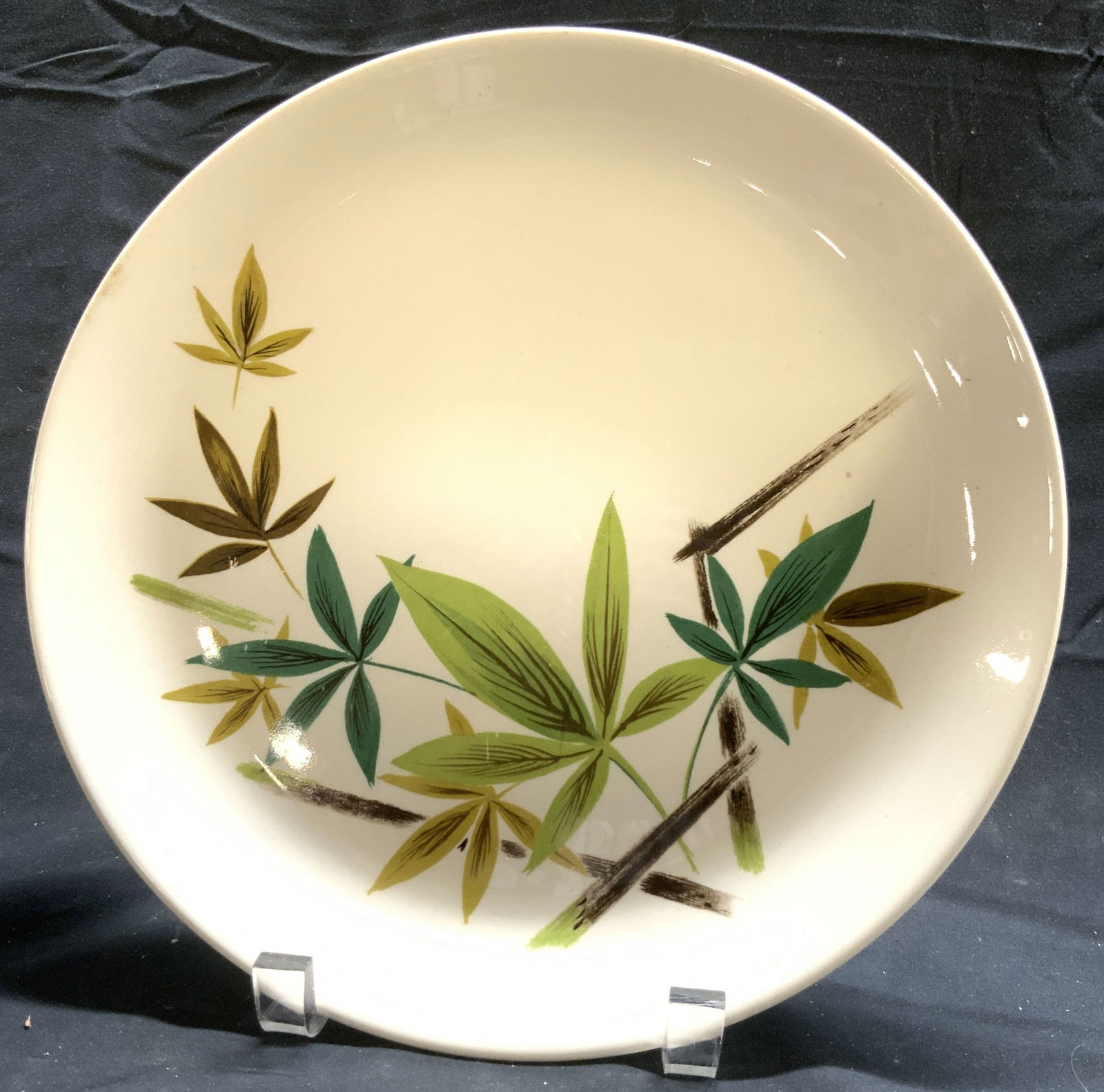SALEM CHINA CO Leaf Detailed Porcelain Plate: Underside is marked SALEM CHINA CO. Plate is porcelain. Piece has green olive and brown toned leaf and vine detail. Plate measures approx 10 inches diameter. Plate, Salem China co plate, porcelain pla