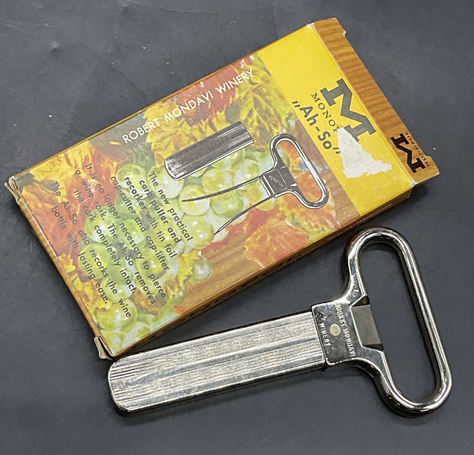 MONOPOL Robert Mondavi Vintage Cork Puller, Bx: MONOPOL Robert Mondavi Vintage Cork Puller. Packaging reads MONOPOL AH-SO ROBERT MONDAVI WINERY, The new practical cork puller and recorker.,. The cork puller is crafted from metal. Box measures appro