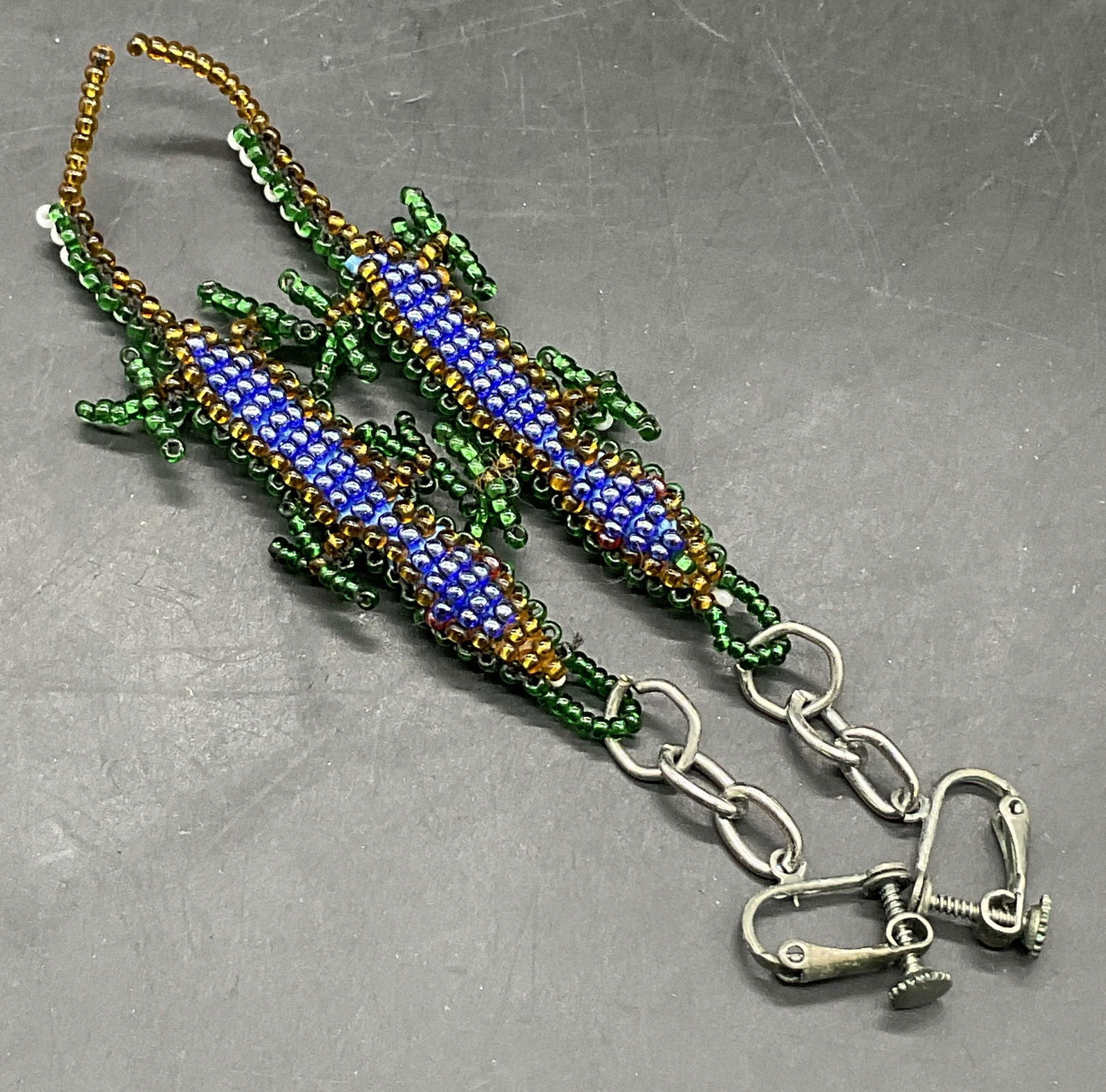 Vintage Handmade Seed Beaded Lizard Earrings (1 of 8)