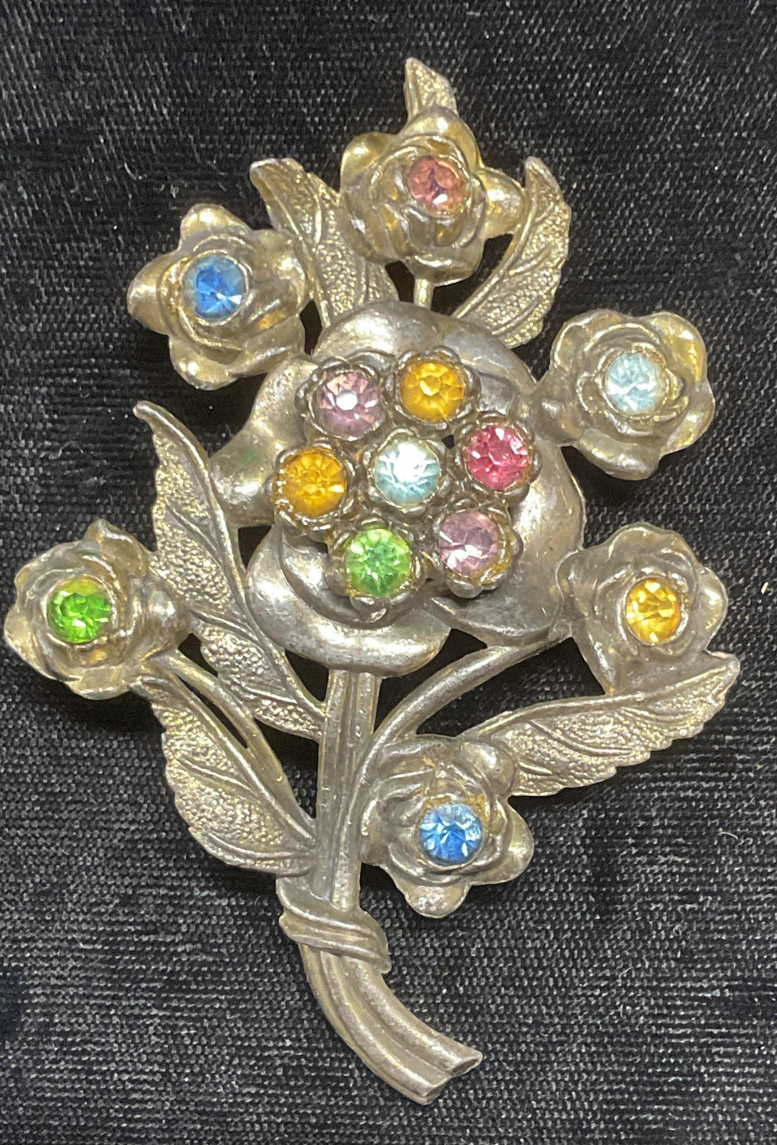 XL Vtg Silver Tn Crystal Flower Brooch, 3.25 In (1 of 6)