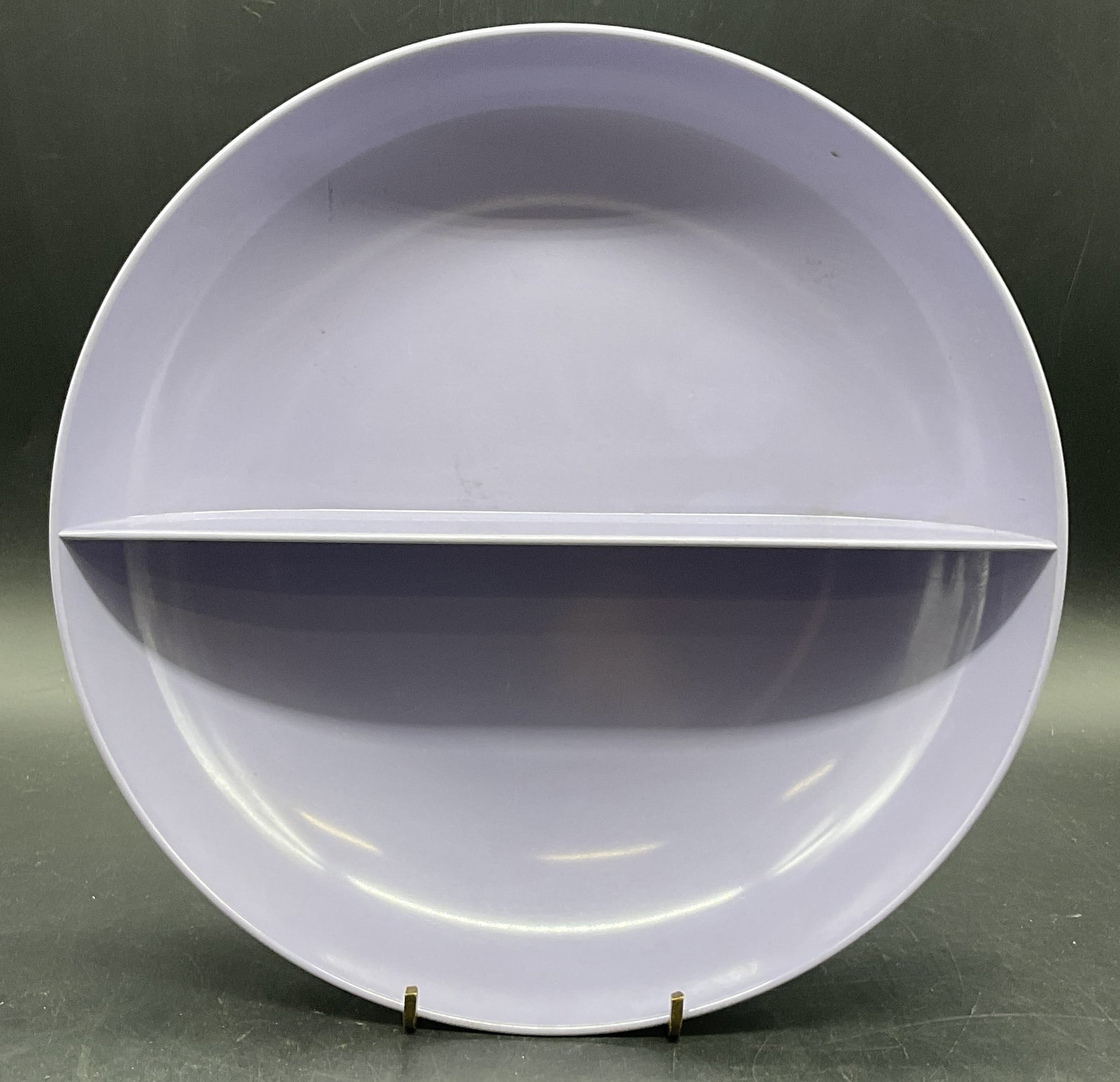 ROYALON INC. Vintage Purple Melmac Divided Dish: ROYALON INC. Vintage Purple Melmac Divided Dish. Underside reads ROYALON INC., MELMAC, MADE IN USA. Measures approx. 10W x 2H in. Discoloration, residue, and surface wear present. home decor, home acc