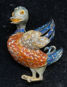 Vintage Gold Tn Enamel Crystal Duck Brooch
