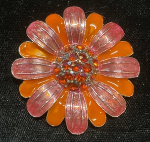Silver Tn Pink Enamel Crystal Flower Brooch