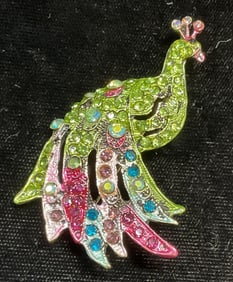 Vintage Enamel Crystal Peacock Brooch