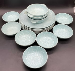 Set 16 Vintage Speckled Blue Melamine Dinnerware