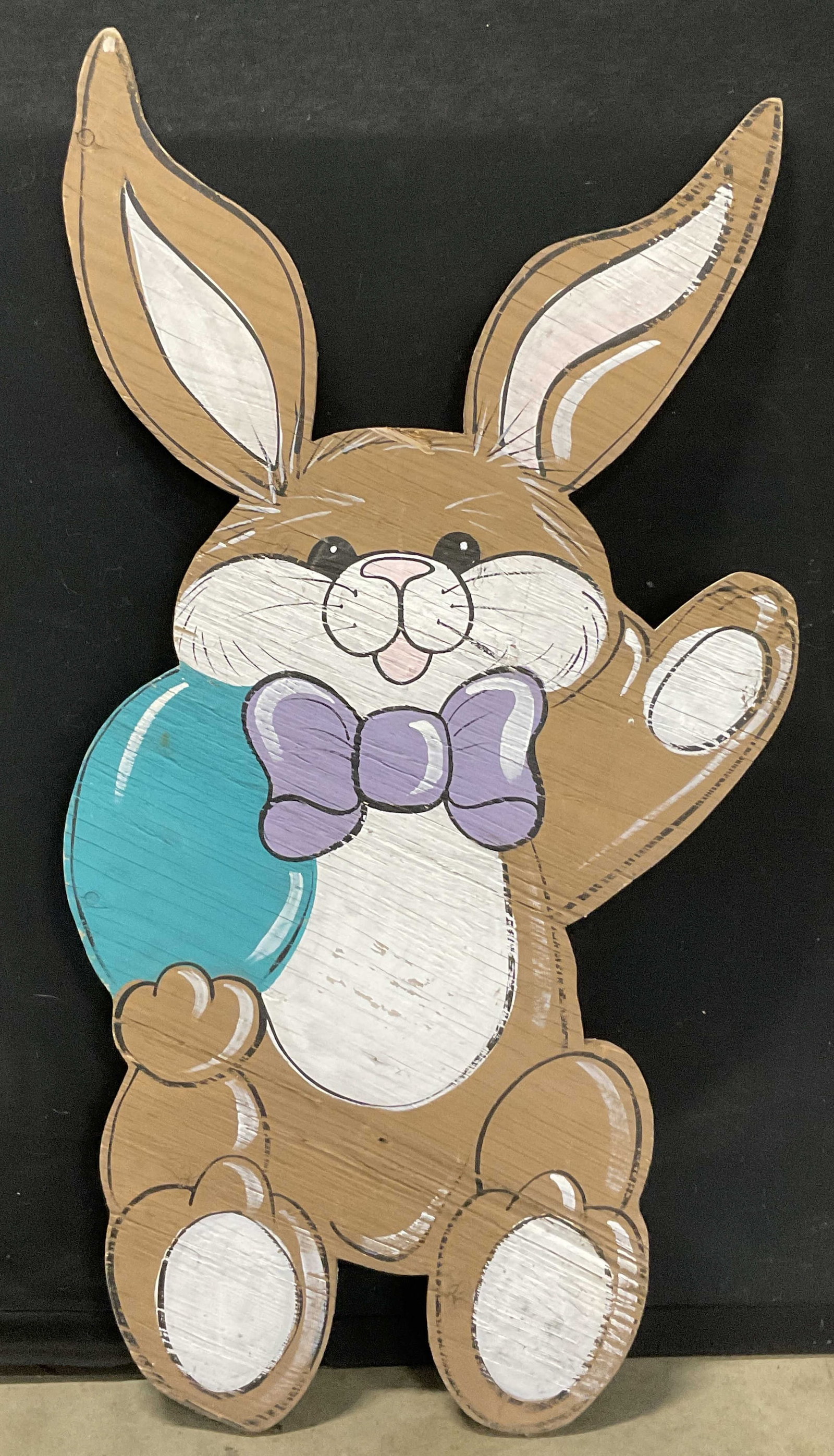 Hand Painted Brown Wooden Waving Rabbit Sign 32in: Hand Painted Brown Wooden Waving Rabbit Sign. Measures approx. 32.5L x 16.5W in. Metal nails to reverse. Chipping, discoloration, and losses present. home decor, home accents, homewares, housewares, h