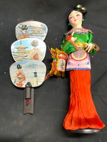 Lot 4 Geisha Doll & Miniature Asian Hand Fans