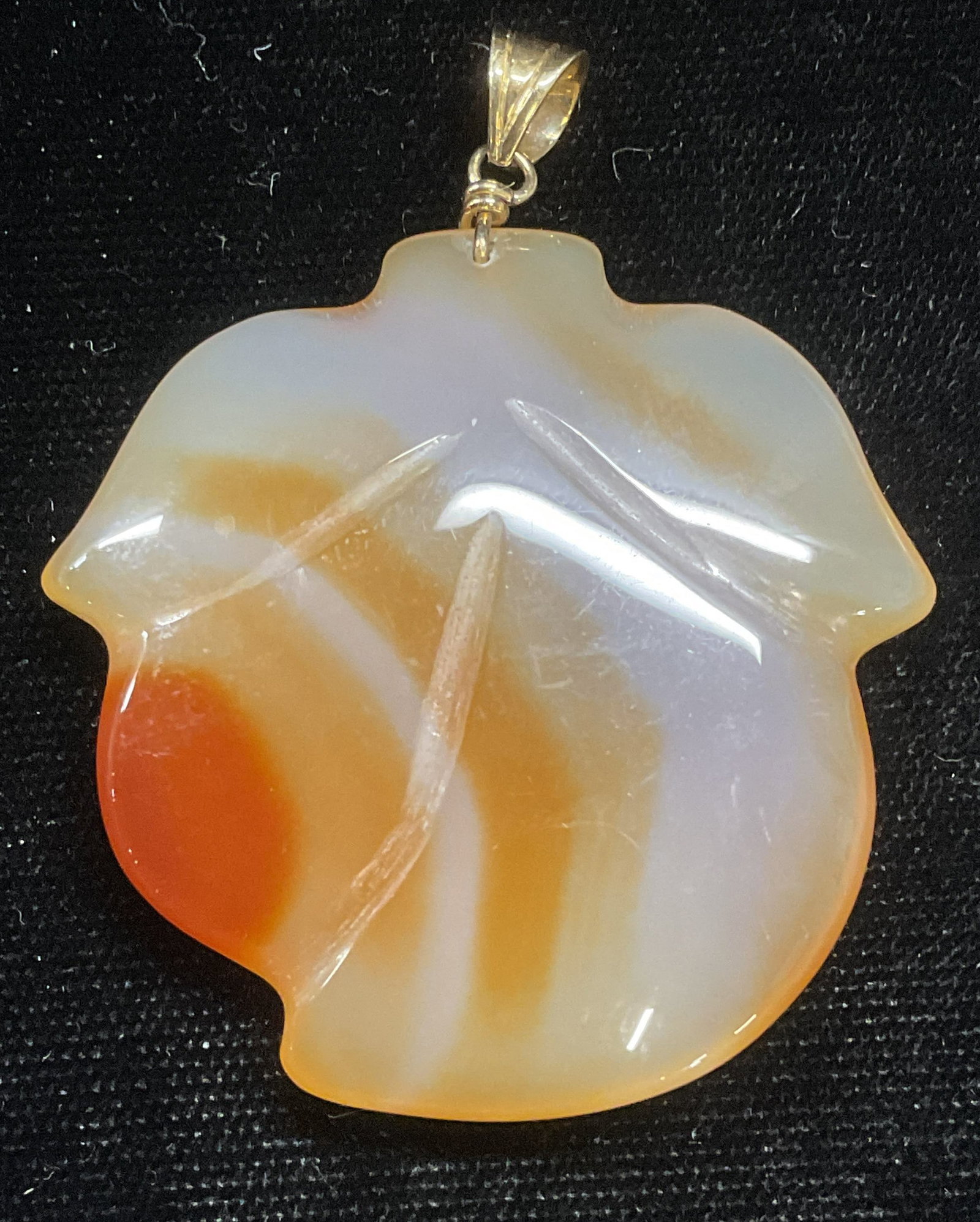 Carved Agate Peach Fruit Pendant, 14k Gold: Carved Asian banded white and orange semiprecious stone peach fruit motif pendant with 14k gold bail. Possibly agate or carnelian. Measures approx 1.75 x 1.75 inches. Some wear including scratching ob