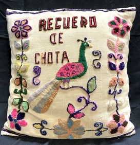 Mexican Embroidered Crewelwork Pillow W Peacock