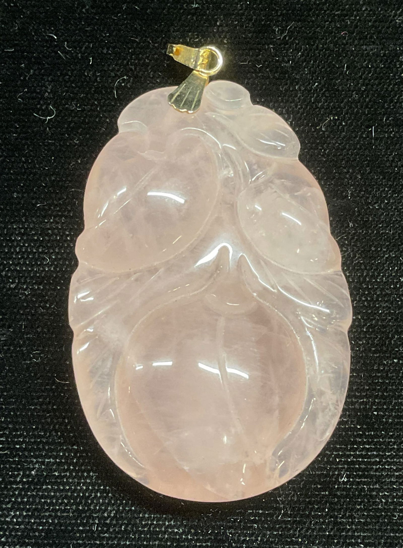 Vintage Asian Carved Jade Plum Fruit Pendant: Vintage hand carved Asian pink jade pendant with plum fruit motif. Measures approx 2 x 1.25 inches. Some wear including scratching observed. Jewelry, estate jewelry, fine jewelry, cocktail jewelry, fa