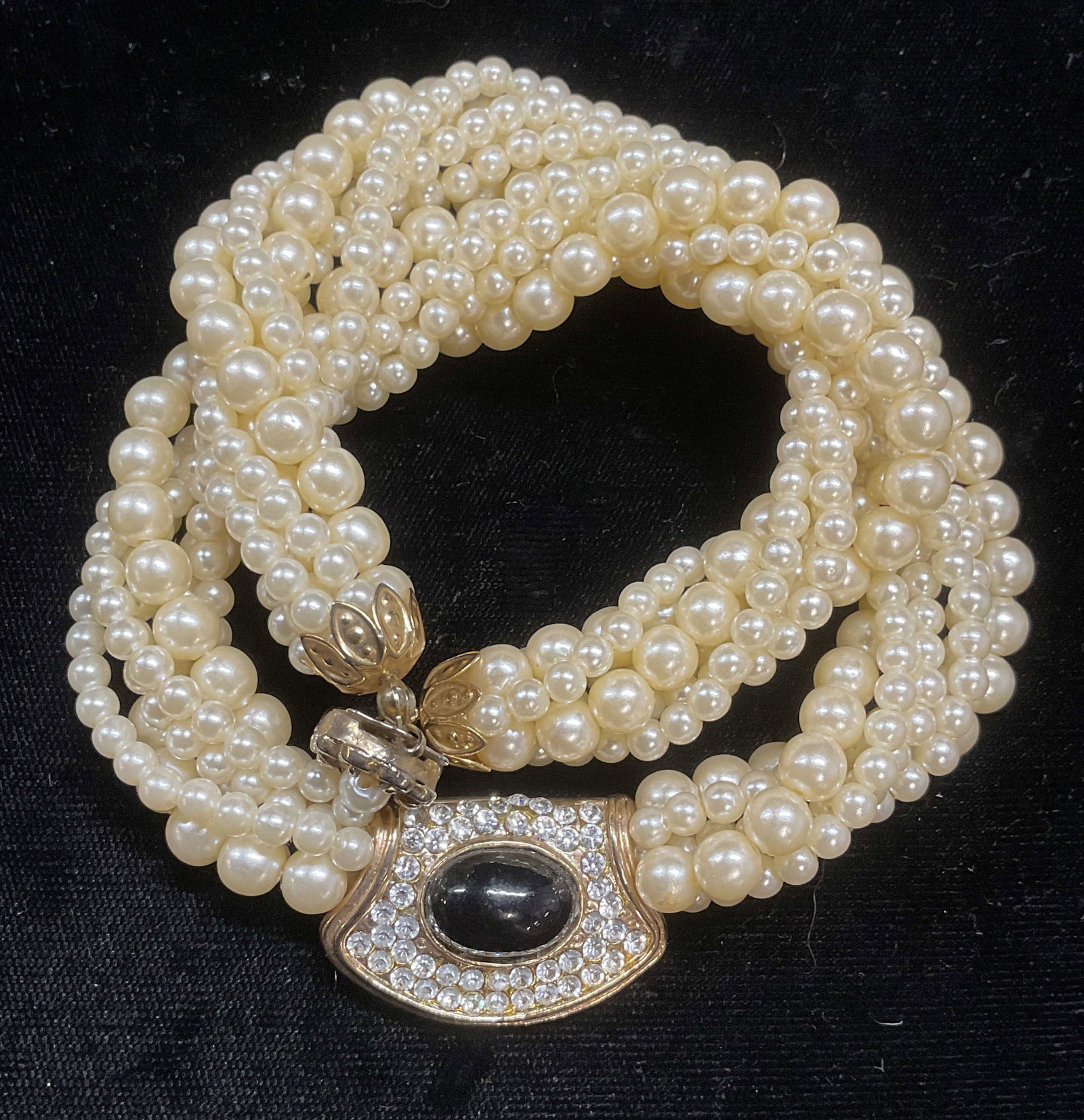 Vintage Faux Pearl Crystal Pendant Necklace: Vintage faux pearl multi strand necklace with gold tone crystal pendant. Drop length approx 7.5 inches. Some wear including scratching observed. Jewelry, estate jewelry, costume jewelry, cocktail jewe