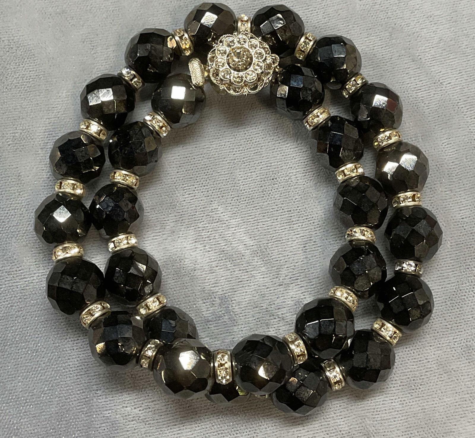 Vintage Silver Tone Black Crystal Necklace: Vintage silver tone black crystal beaded necklace with colorless crystal accents. Drop length approx 7.5 inches. Some wear including scratching observed. Jewelry, costume jewelry, estate jewelry, cock
