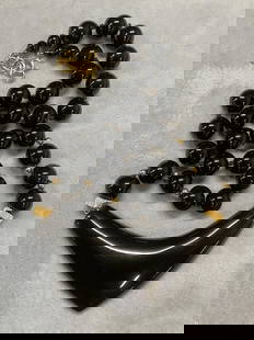 Black Onyx Pendant Necklace, 14k GF: Black onyx beaded pendant necklace with 14k gold filled clasp and accents. Marked gold filled on clasp. Drop length approx 9 inches. Some wear including scratching observed. Jewelry, costume jewelry,