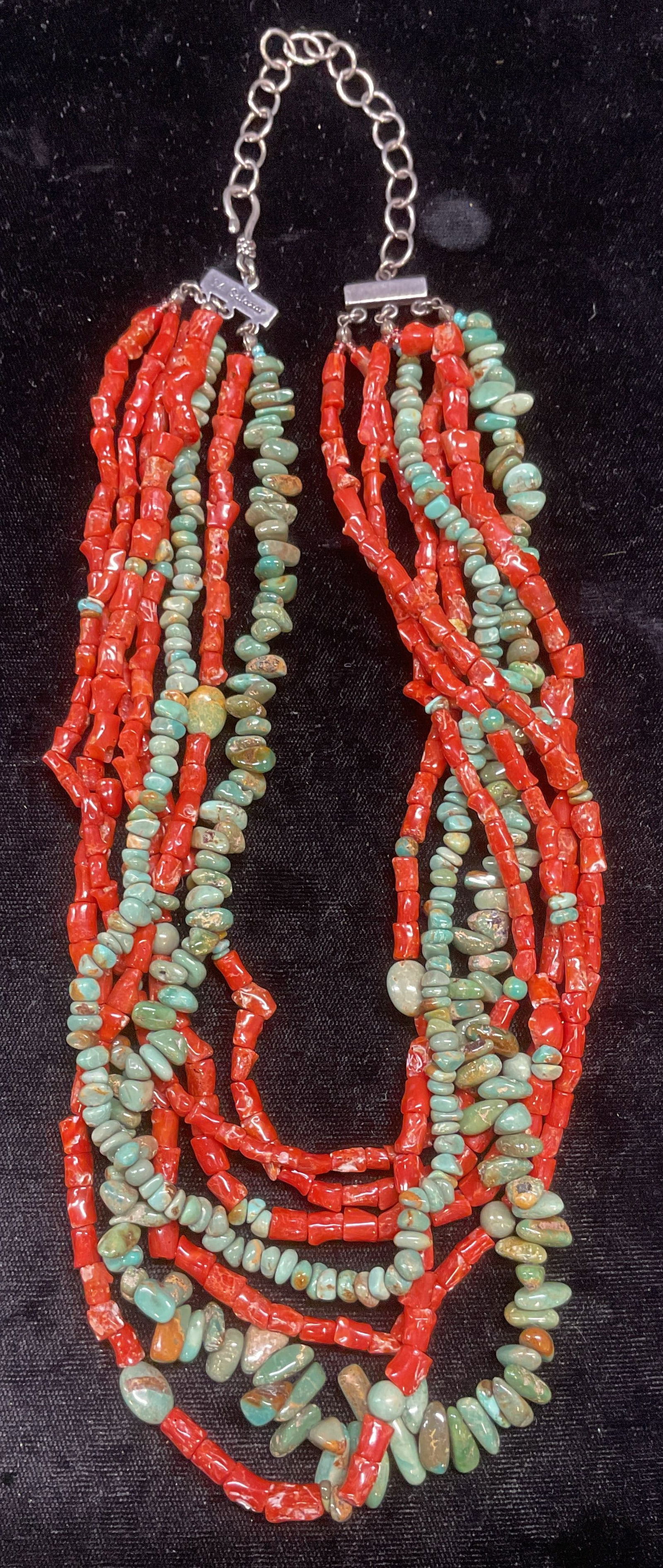 M Salazar Turquoise & Coral Necklace: Mercedes Salazar multi strand turquoise and coral beaded necklace. Sterling silver accents. Signed on silver. Drop length approx 9.5 inches. Total weight 111.6 grams. Some wear including scratching ob