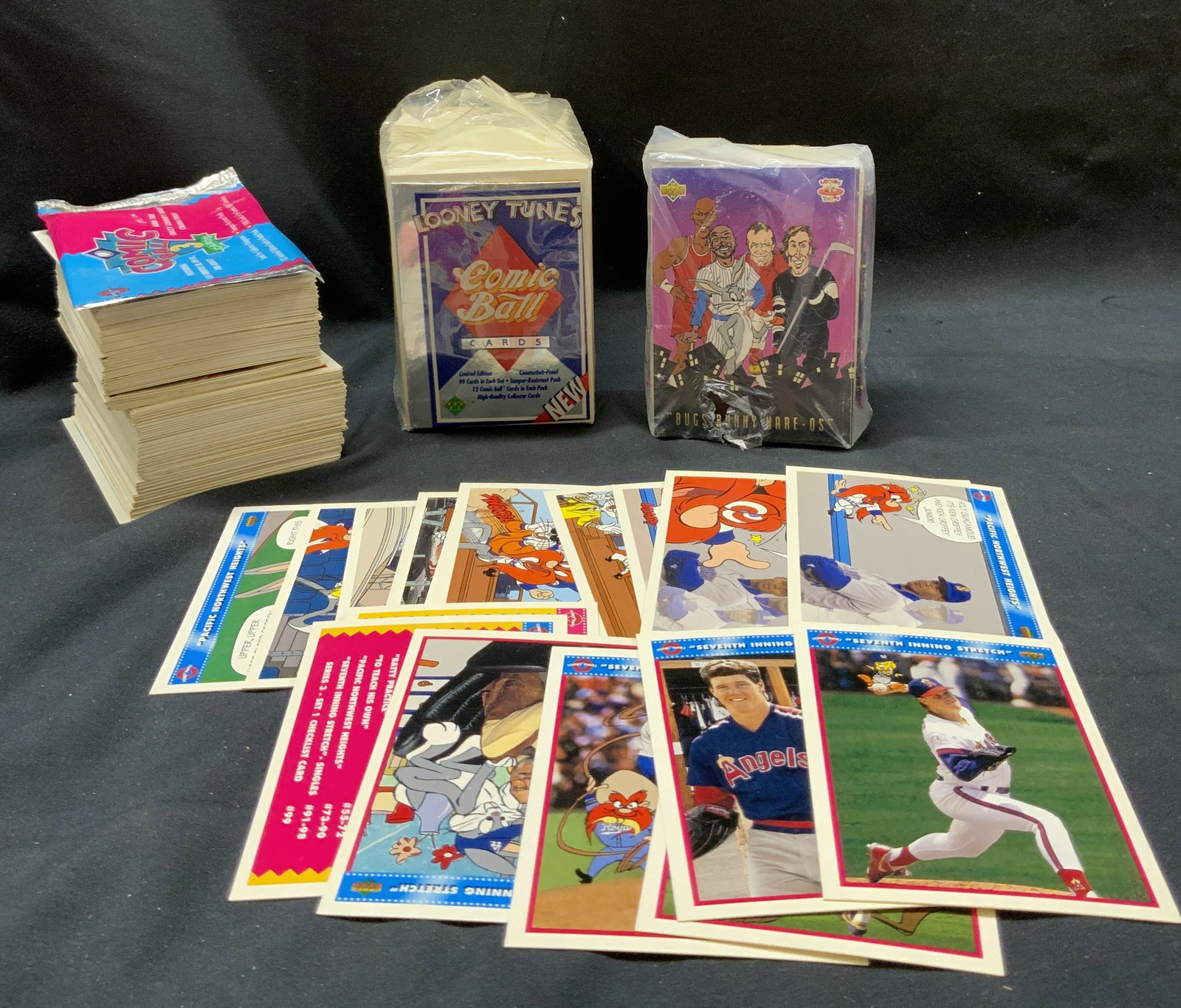 Group Lot 50+ 1990 Looney Tunes Collectors Cards: Group Lot 1990 Looney Tunes Collectors Cards. Over 50+ collectors cards, each card has a unique illustration on them. Including a looney tunes character on the collectors card. Such as Bugs Bunny, Daf