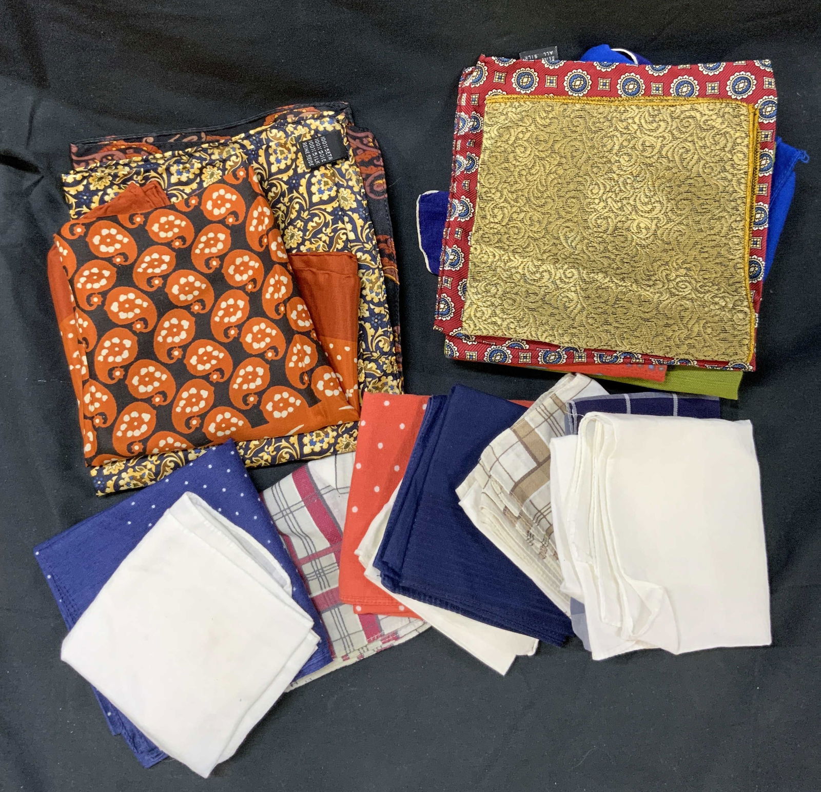 Lot10+ Multi-Color Handkerchiefs & Scarfs Italy+: Group Lot Multi-Color Handkerchiefs & Scarfs Variety of handkerchiefs and scarfs with different colors and designs. They all vary in size & material. Such as silk & cotton. Visible stains on a few han