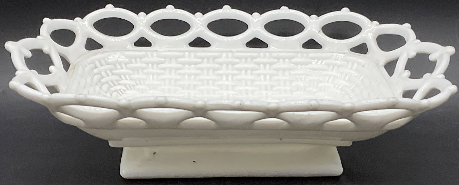 Vintage Milk Glass Open Glasswork Basket Bowl: Vintage Milk Glass Open Glasswork Basket Footed Bowl. Measures approx. 3H x 6L x 9.75W in. Surface wear consistent with age, use, and exposure. home decor, home accents, homewares, housewares, home ac