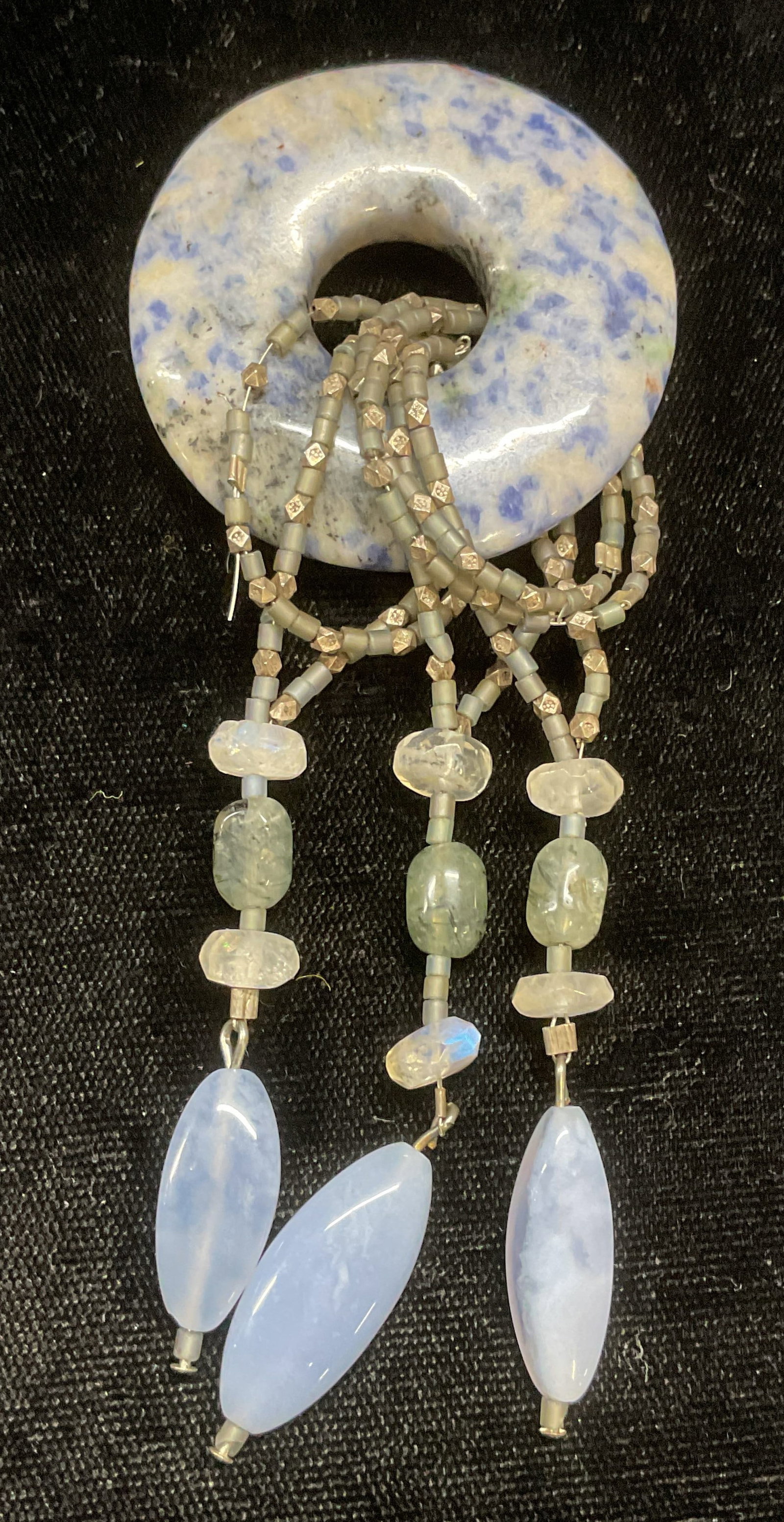 Moonstone, Semiprecious Stone Beaded Pendant: Blue toned semiprecious stone beaded pendant with moonstone accents. Measures approx 4.25 x 1.75 inches. Some wear including scratching observed. Jewelry, estate jewelry, fine jewelry, cocktail jewelr