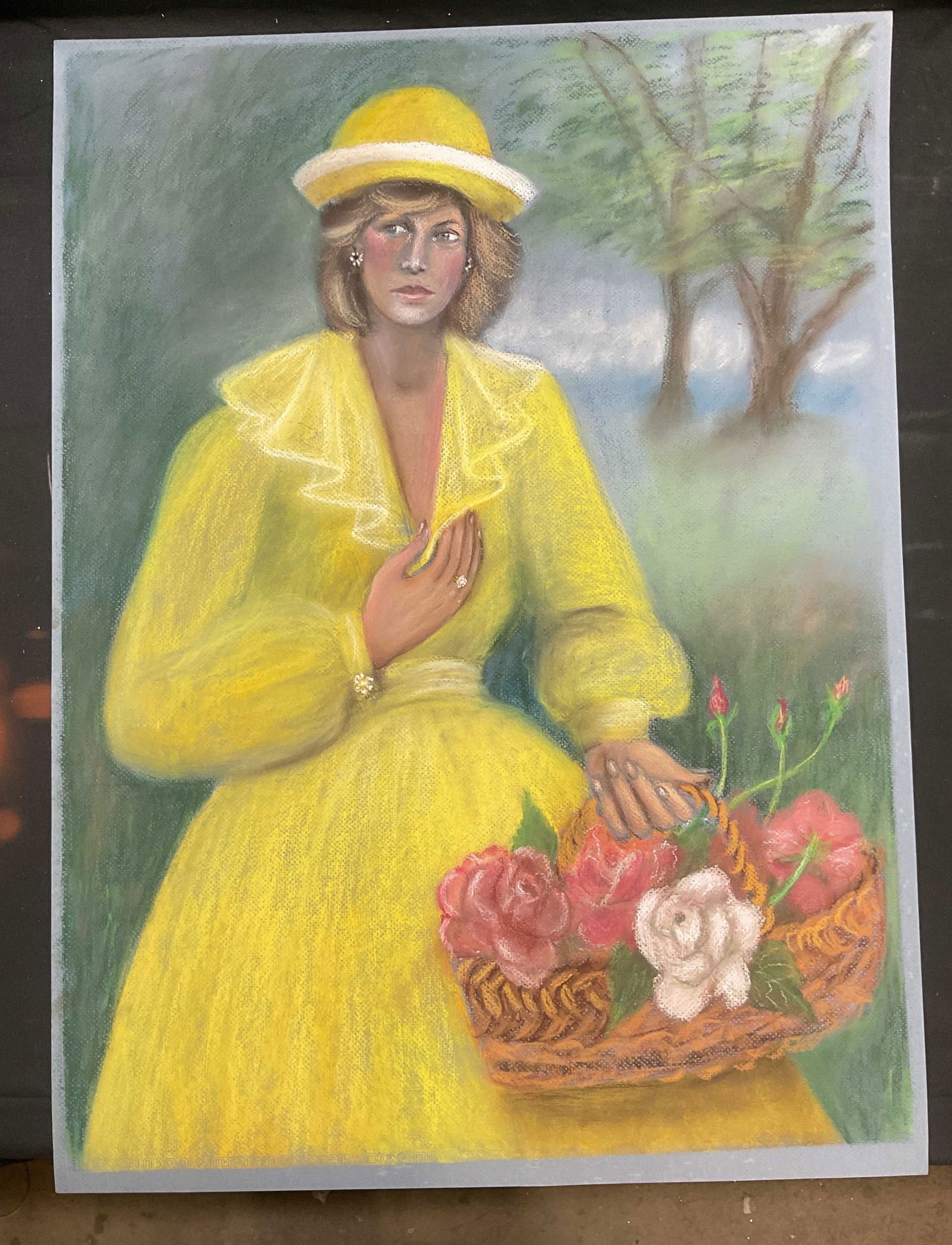 Portrait of Princess Diana Pastel Drawing: Pastel drawing on paper. Portrait of Princess Diana wearing yellow dress and hat with basket of flowers. Paper measures approx 29 x 21.75 inches. Architectural study drawing on verso. Some wear to pap