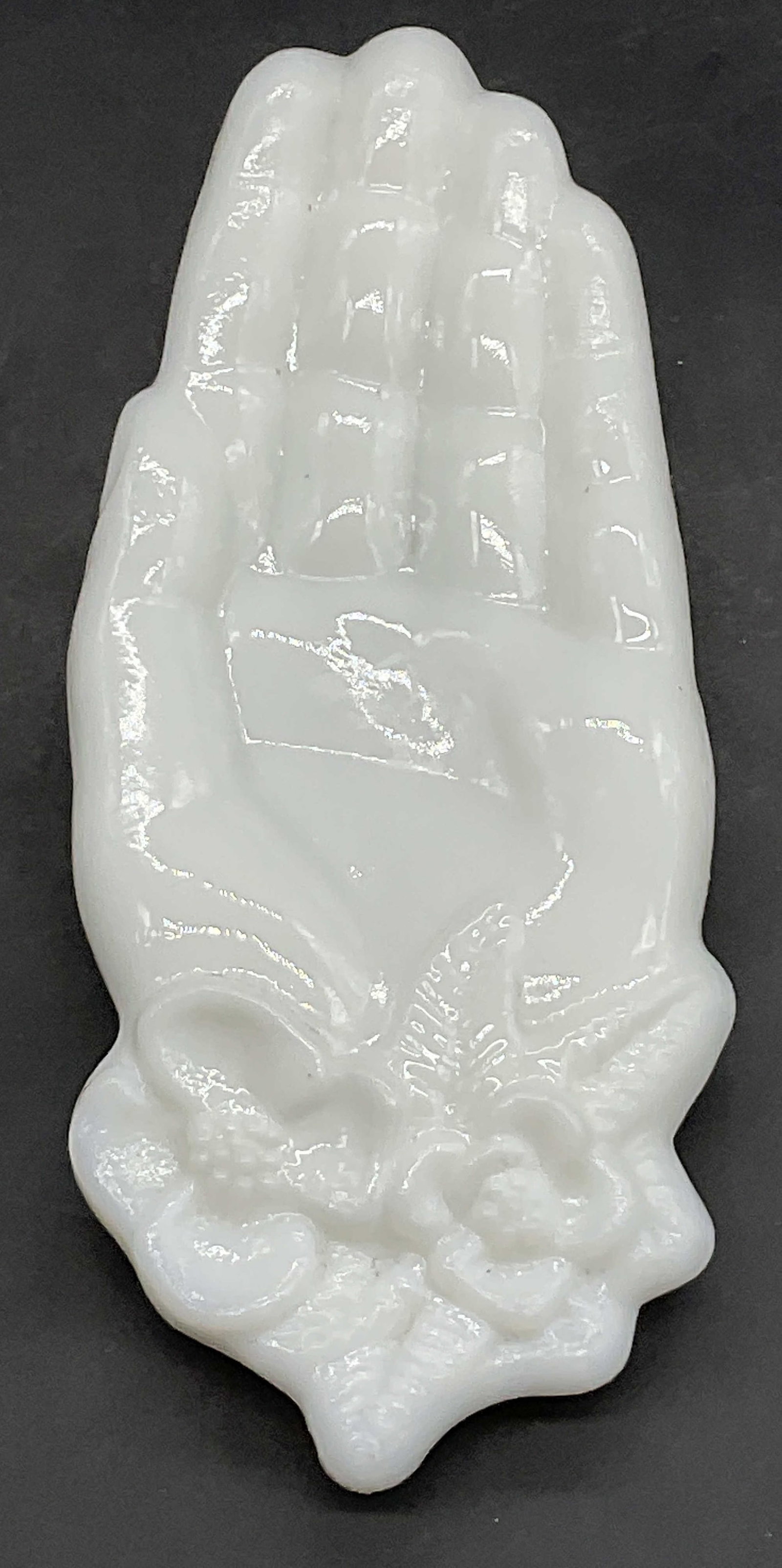 AVON Vintage Milk Glass Hand Trinket Dish: AVON Vintage Milk Glass Hand Trinket Dish. Underside signed AVON. Measures approx. 5.25L x 2.25W in. Discoloration and surface wear present. home decor, home accents, homewares, housewares, home acces