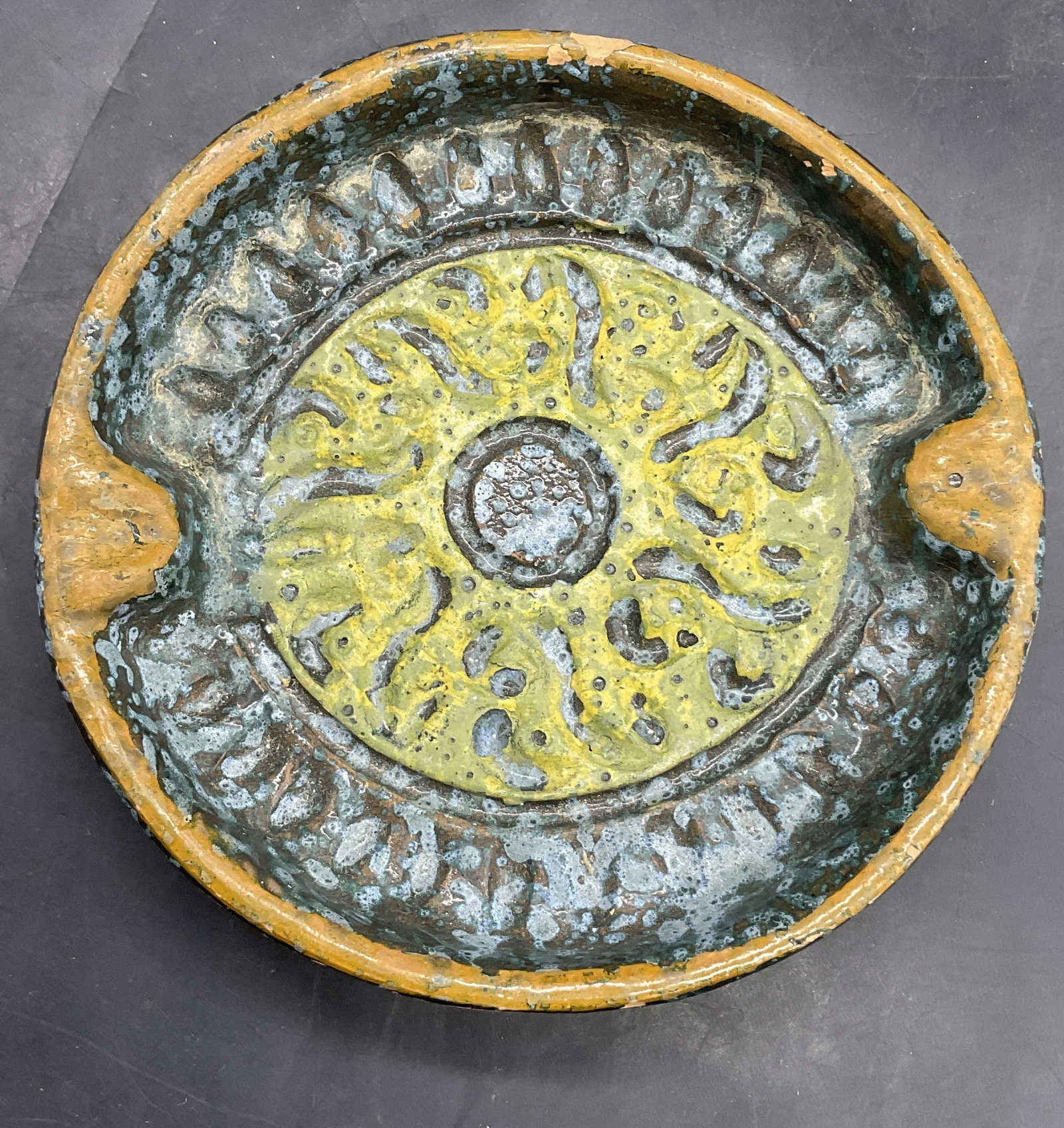 Artisan Pottery Trinket Dish / Ashtray, Italy: Artisan Pottery Trinket Dish / Ashtray. Underside marked ITALY. Measures approx, 1.25H x 6W in. Chipping and surface wear present. home decor, home accents, homewares, housewares, home accessories, co