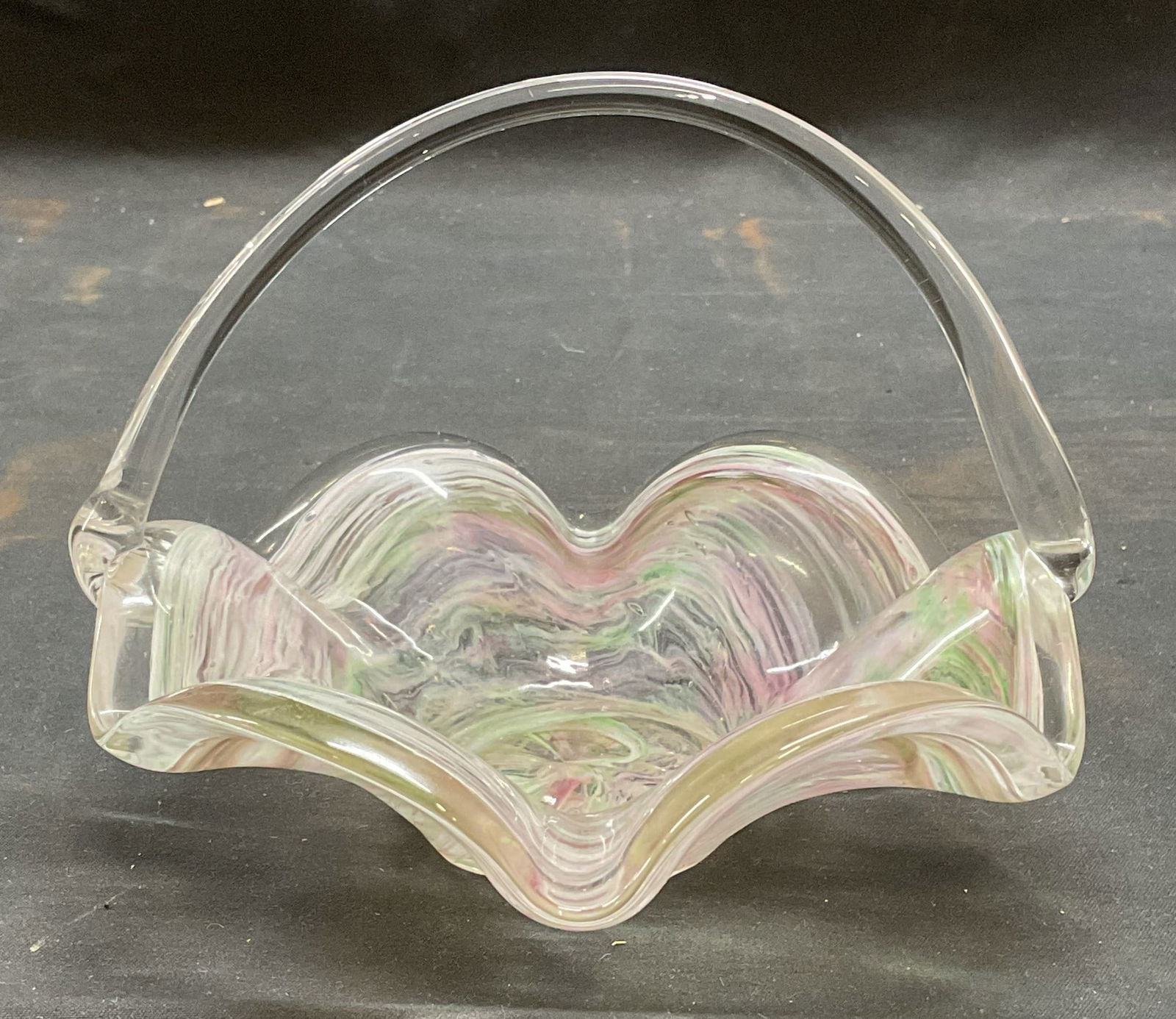 Blown Art Glass Pastel Swirl Basket: Blown and pressed art glass basket. White, green, and red pastel swirl. Measures approx 5.75 x 4.25 inches. Some wear including scratching. Art glass, art glass basket, swirl basket, blown glass baske