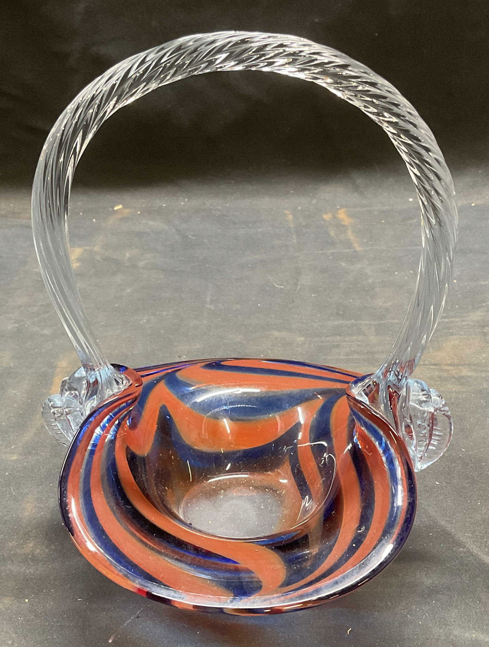 Hand Blown Blue/Red Pulled Stripe Art Glass Basket (1 of 6)