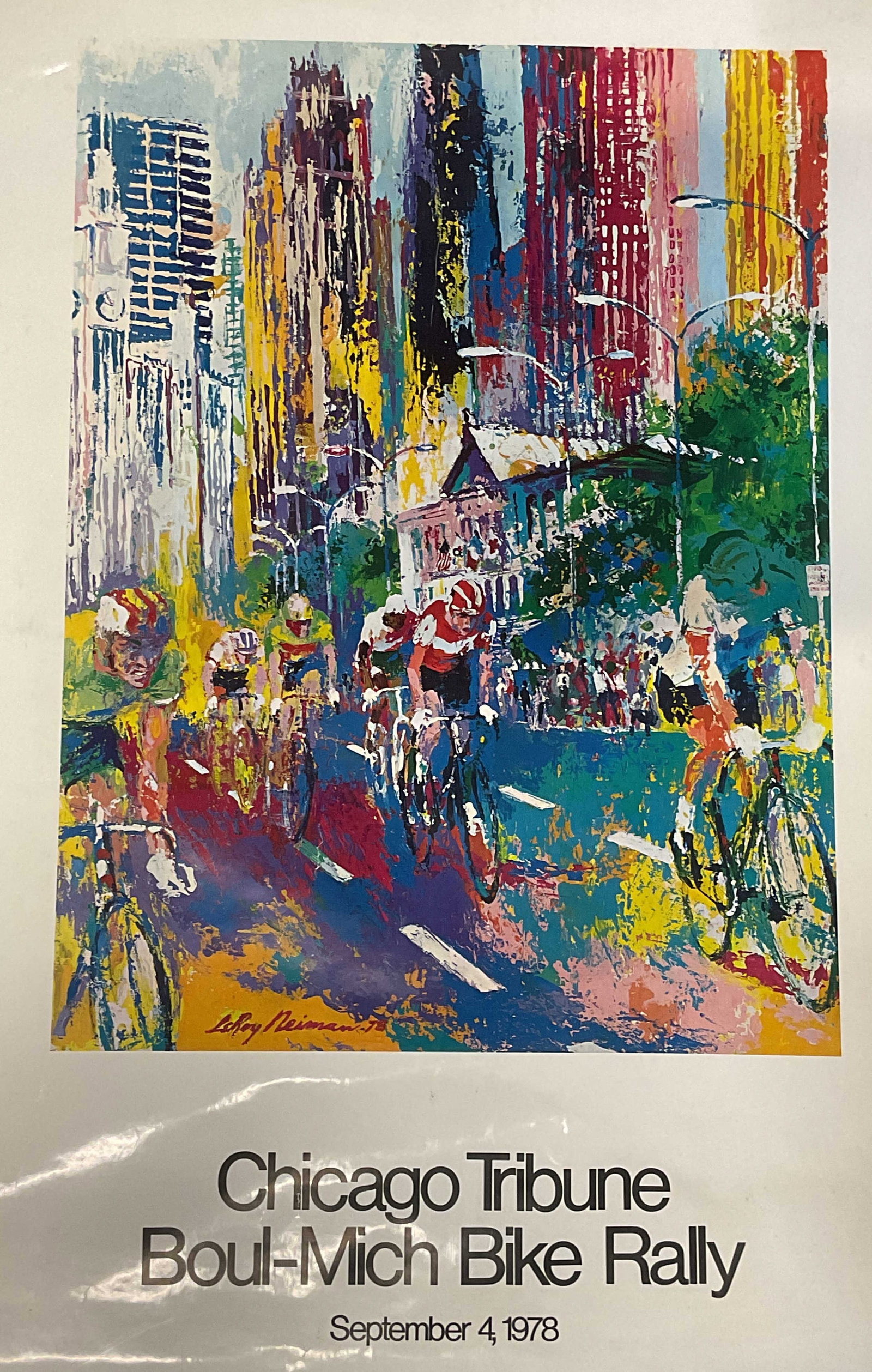 1978 Chicago Tribune LeRoy Neiman Litho: 1978 Chicago Tribune Boul Mich Bike Rally lithograph poster with artwork by LeRoy Neiman. Brightly colored abstracted view of Chicago street with figures on bikes. Measures approx 46 x 30 inches. Wear