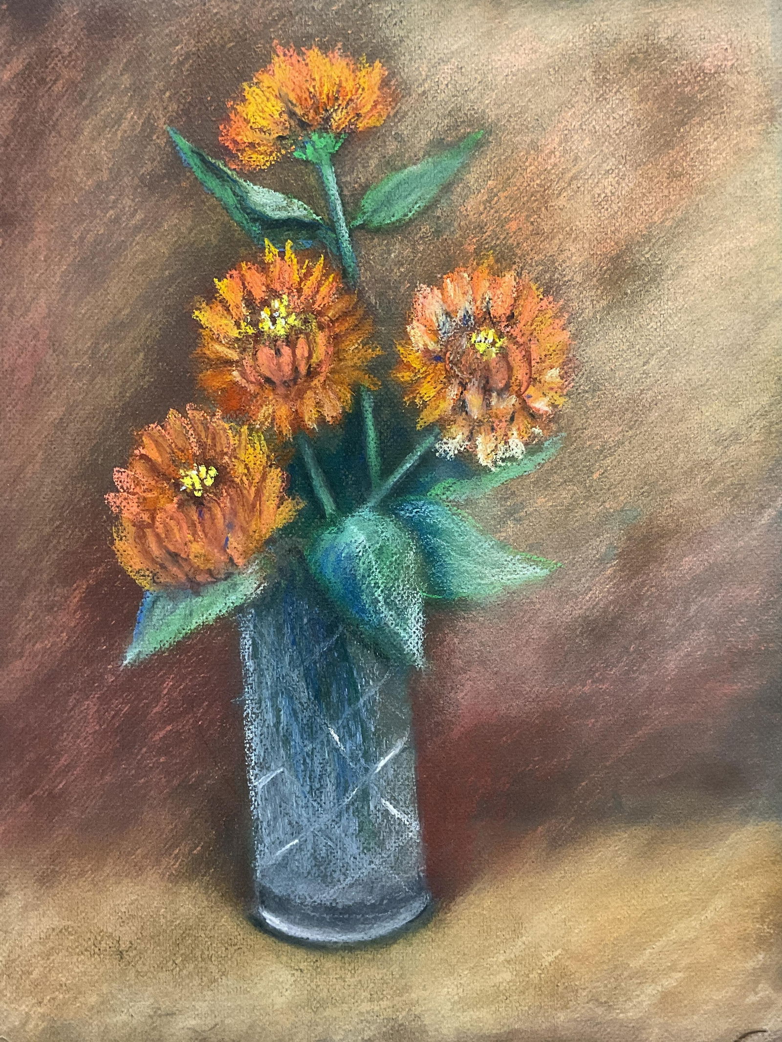 Still Life Orange Zinnias Pastel Drawing (1 of 7)