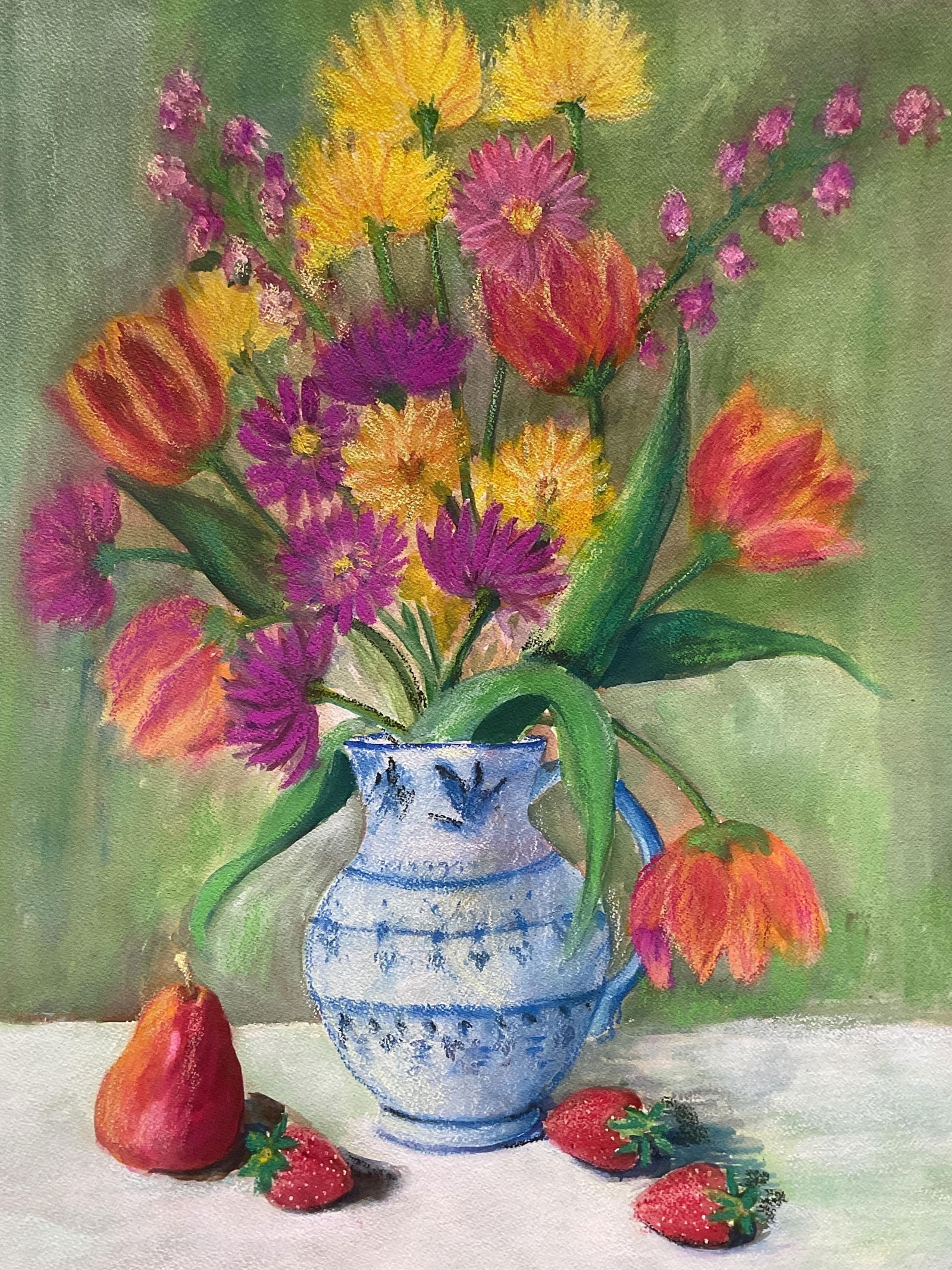 Still Life Jug Flowers Fruit Watercolor Pastel: Watercolor painting with pastel on paper. Still life with view of jug, bouquet of brightly colored flowers, and fruit. Paper measures approx. 22.25 x 30 inches. Some wear including rubbing observed. A
