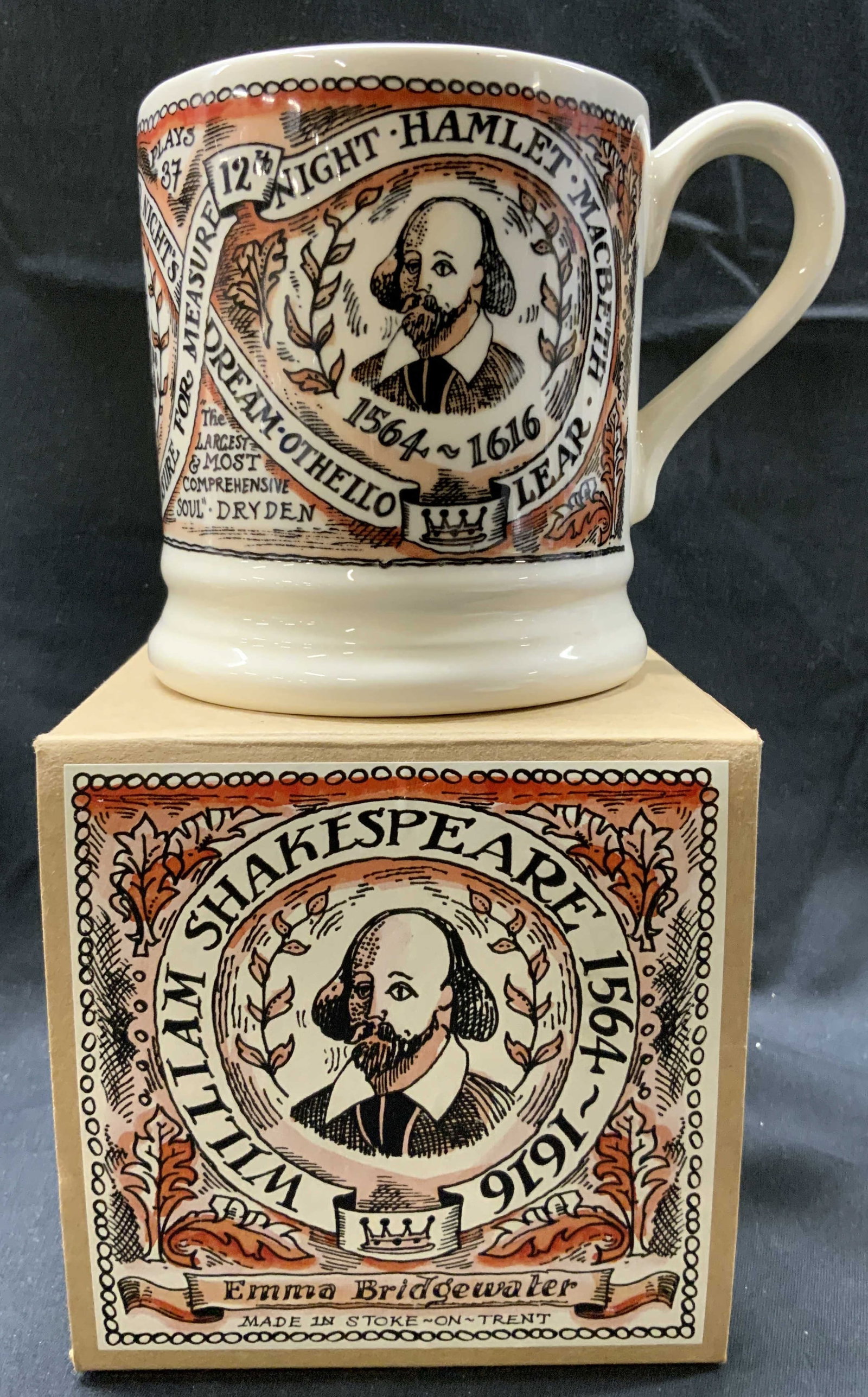 Emma Bridgewater William Shakespeare England Mug: Emma Bridgewater William Shakespeare England Mug. Porcelain mug that has a portrait of William Shakespeare including his birth and death date. (1564-1616). His famous plays are on the mug, such as Ham