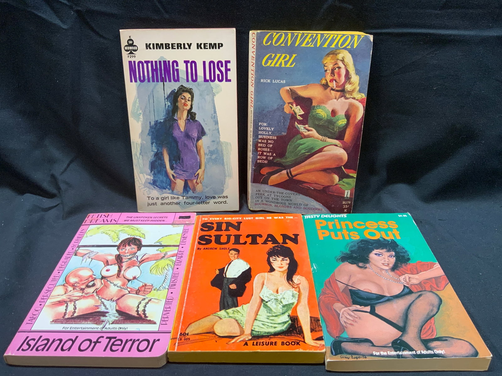 Lot 5 Pulp Fiction Erotica Books 1950s-1990s: Lot 5 Pulp Fiction Erotica Books 1950s-1990s. 5 erotica books. Sin Sultan by Andrew Shole, Island of Terror, Princess Puts Out, Nothing to Lose by Kimberly Kemp, & Convention Girl by Rick Lucas. Each 