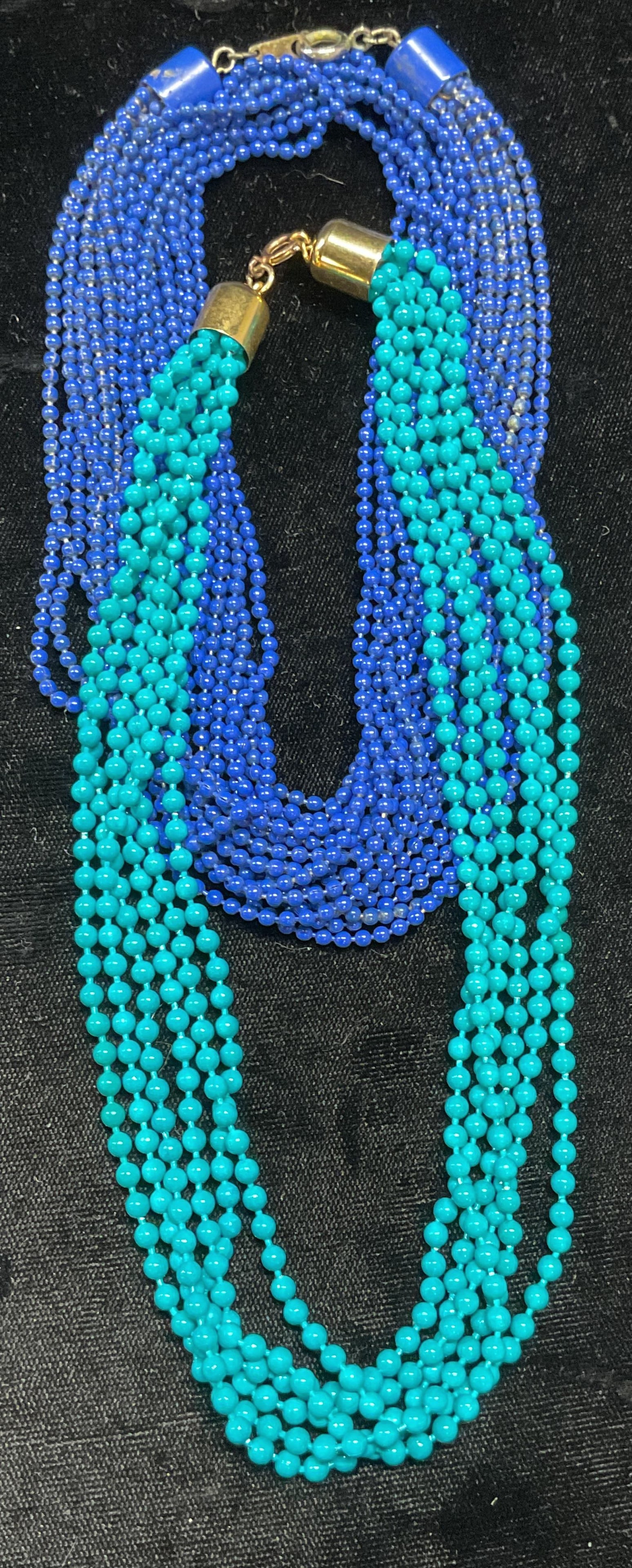 Lot 2 Vintage Blue Beaded Necklaces: Lot of 2 vintage blue seed beaded multi strand necklaces. Longer drop length approx 12 inches. Some wear to each including scratching observed. Jewelry, estate jewelry, costume jewelry, cocktail jewel