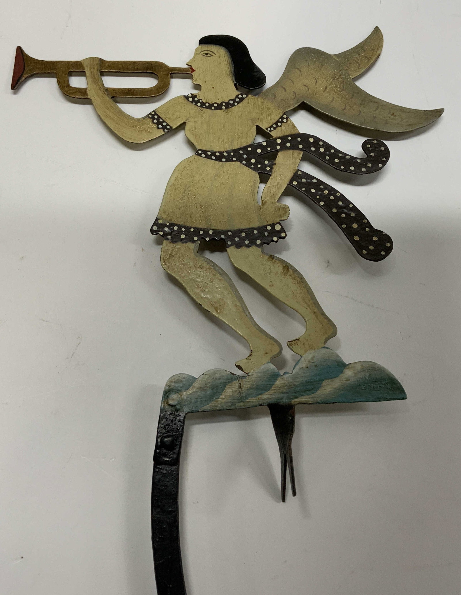 Vintage Metal Angel w Trumpet Folklore Balance Toy: Vintage Metal Angel w Trumpet Folklore Balance Toy Metal angel wearing a black & white polka dot dress. She is standing on what appears to be clouds, while holding a trumpet to her mouth. Appears to b